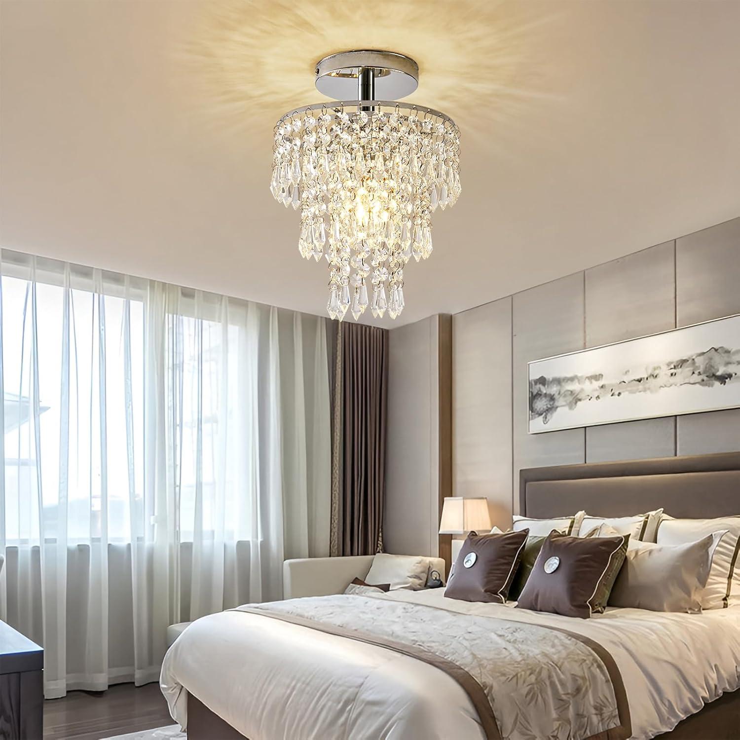 Modern Mini Crystal Chandelier, 3-Tier Raindrops Design Small Chandelier Light Fixture, Flush Mount Ceiling Light Fixture for Bedroom, Hallway, Living Room - E26 Base, Chandelier for Bedroom (Gold)