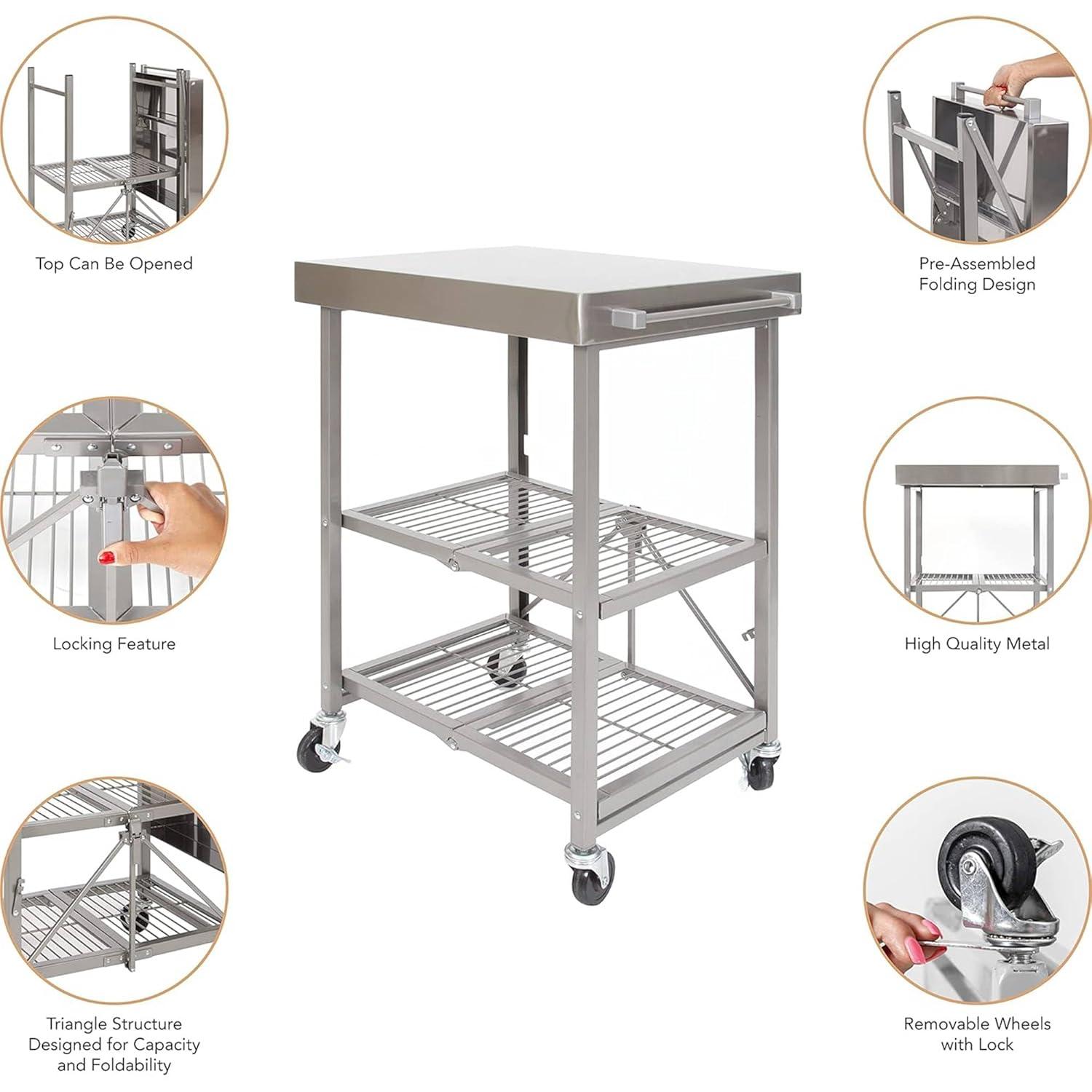 Origami RBT Fully Stainless Steel Foldable Kitchen Cart with 4 Professional Grade Caster Wheels Holds Up To 100 Pounds, Silver