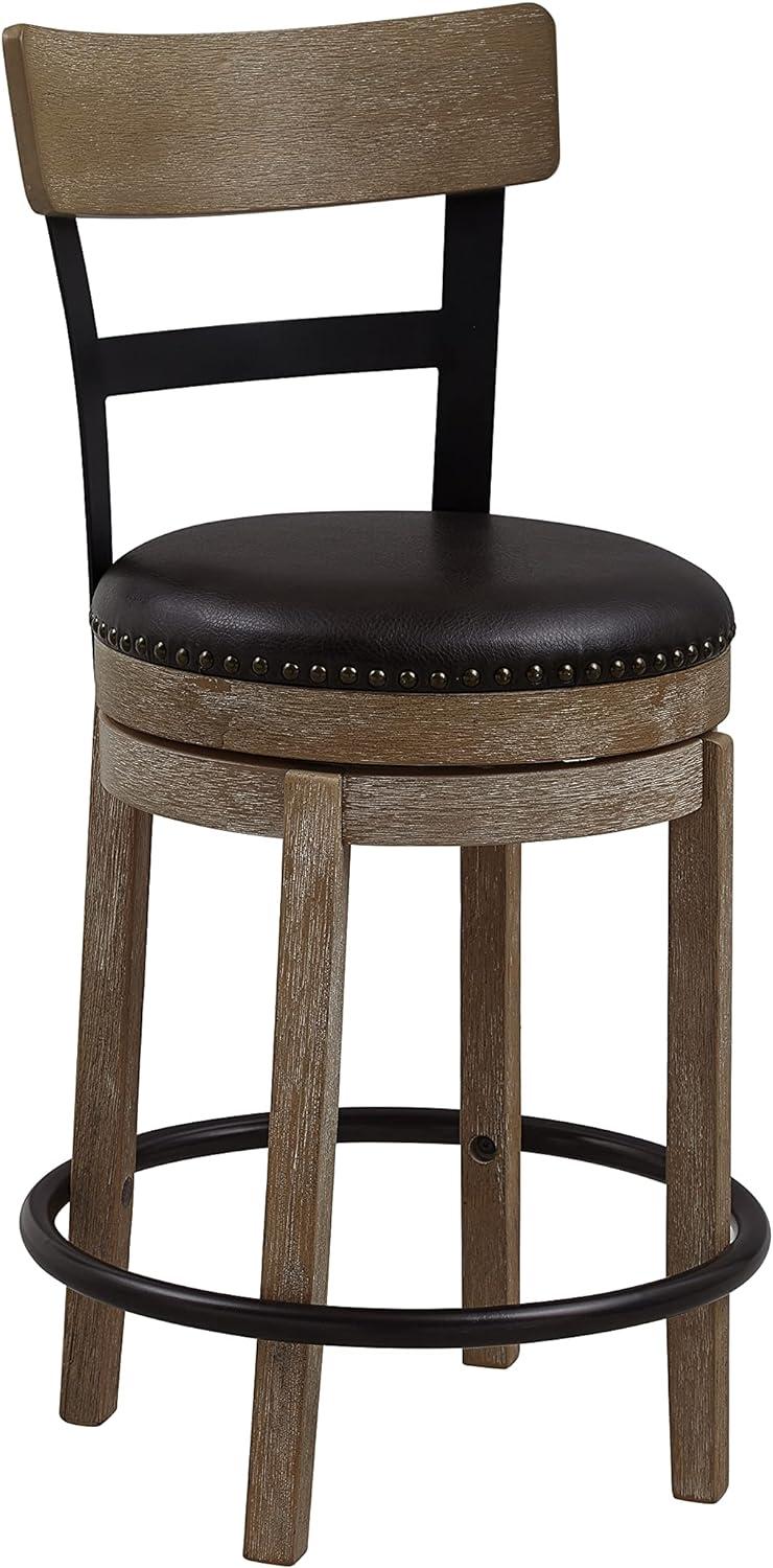 Light Brown Swivel Wood and Metal Barstool with Leather Seat