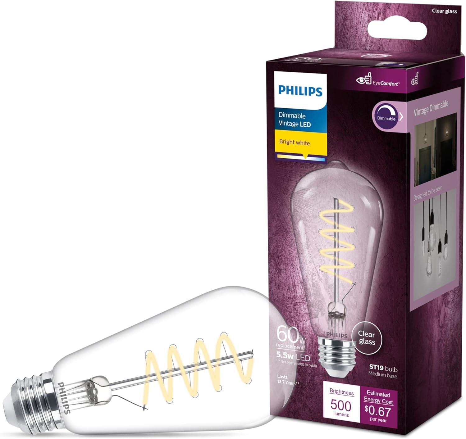 Philips LED 60-Watt ST19 Straight Tubular Filament Lightbulb, Clear Bright White, Dimmable, E26 Medium Base (1-Pack):