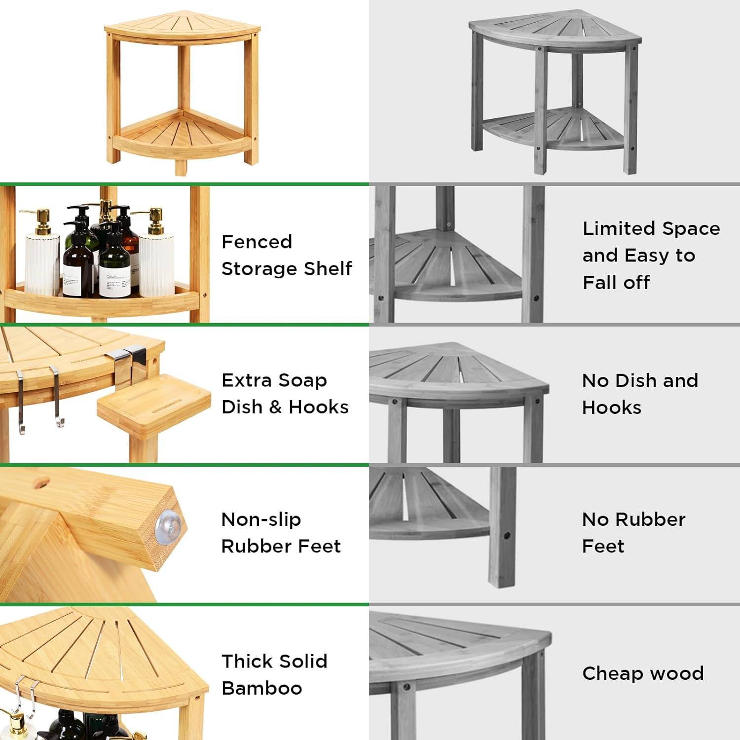 Ollieroo 2-Tier Bamboo Corner Shower Stool for Shaving Legs, Waterproof Bench with Storage Shelf and Soap Dish, Non-Slip Foot Rest (Natural)