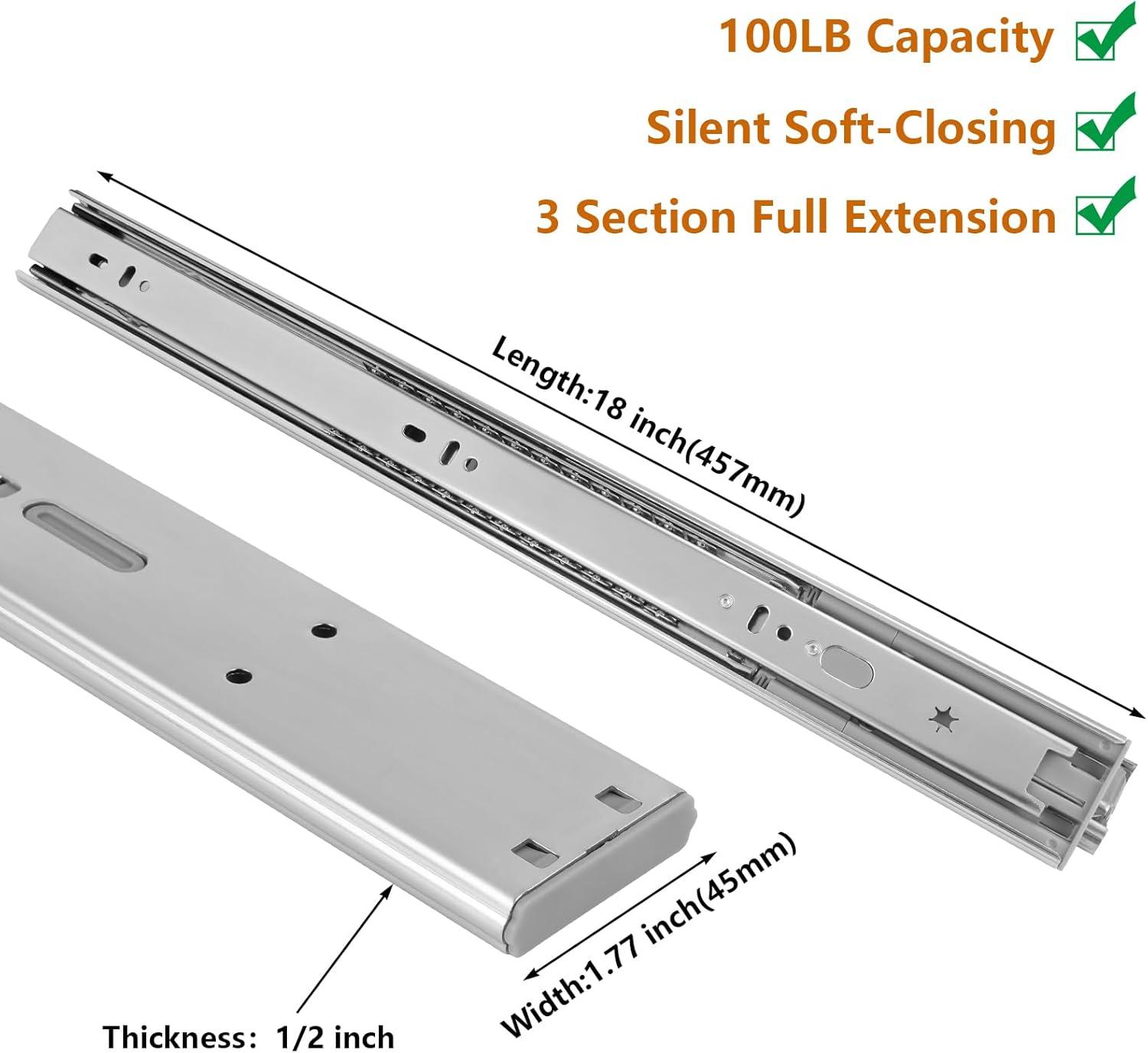 VVENACE 1 Pair 18 inch Soft Close Drawer Slides Full Extension Drawer Rails 100lb Ball Bearing Drawer Slides Side Mount Heavy Duty Slow Close Self Closing(Silver)