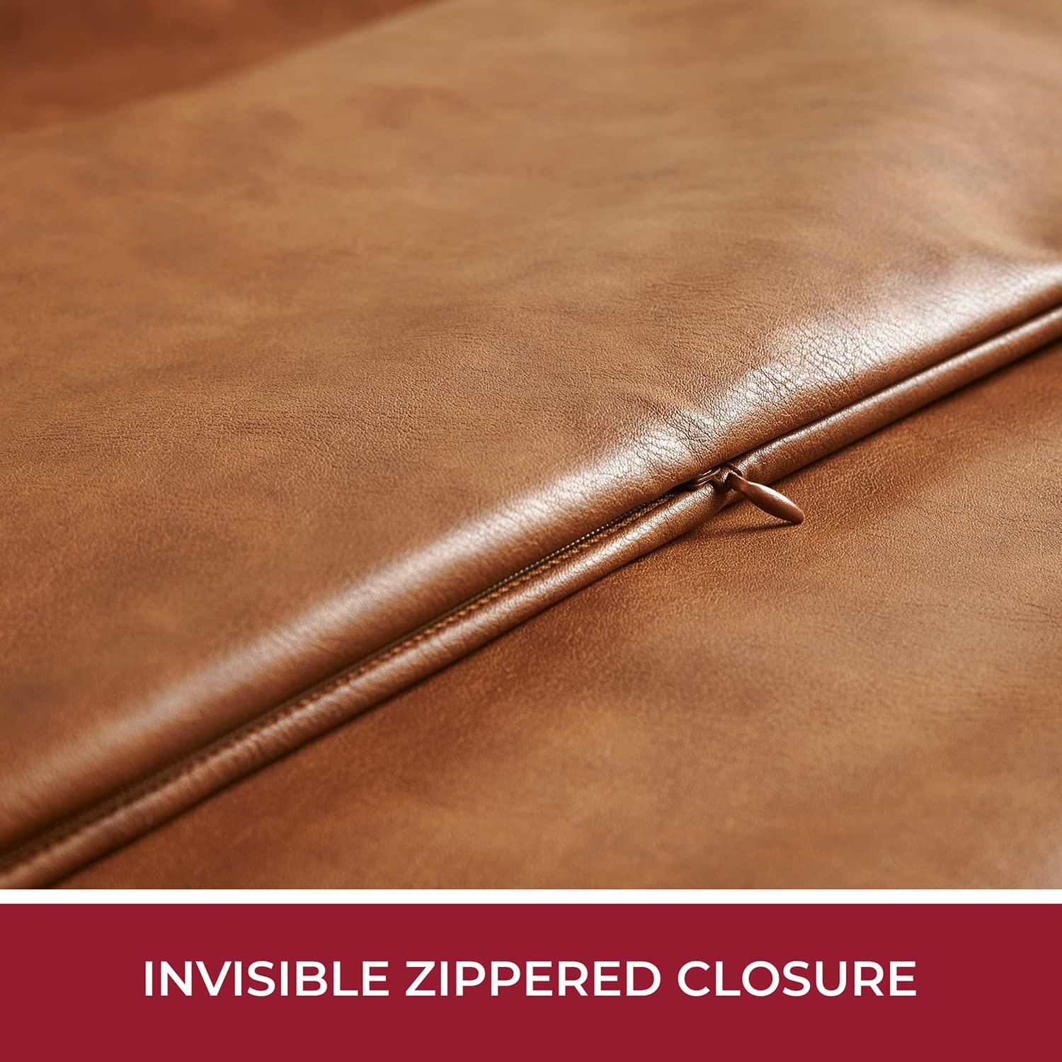 Mellanni 100% Faux Leather Throw Pillow Covers, Pillowcases with Invisible Zippered Closure, 18x18, Brown, 2 Count