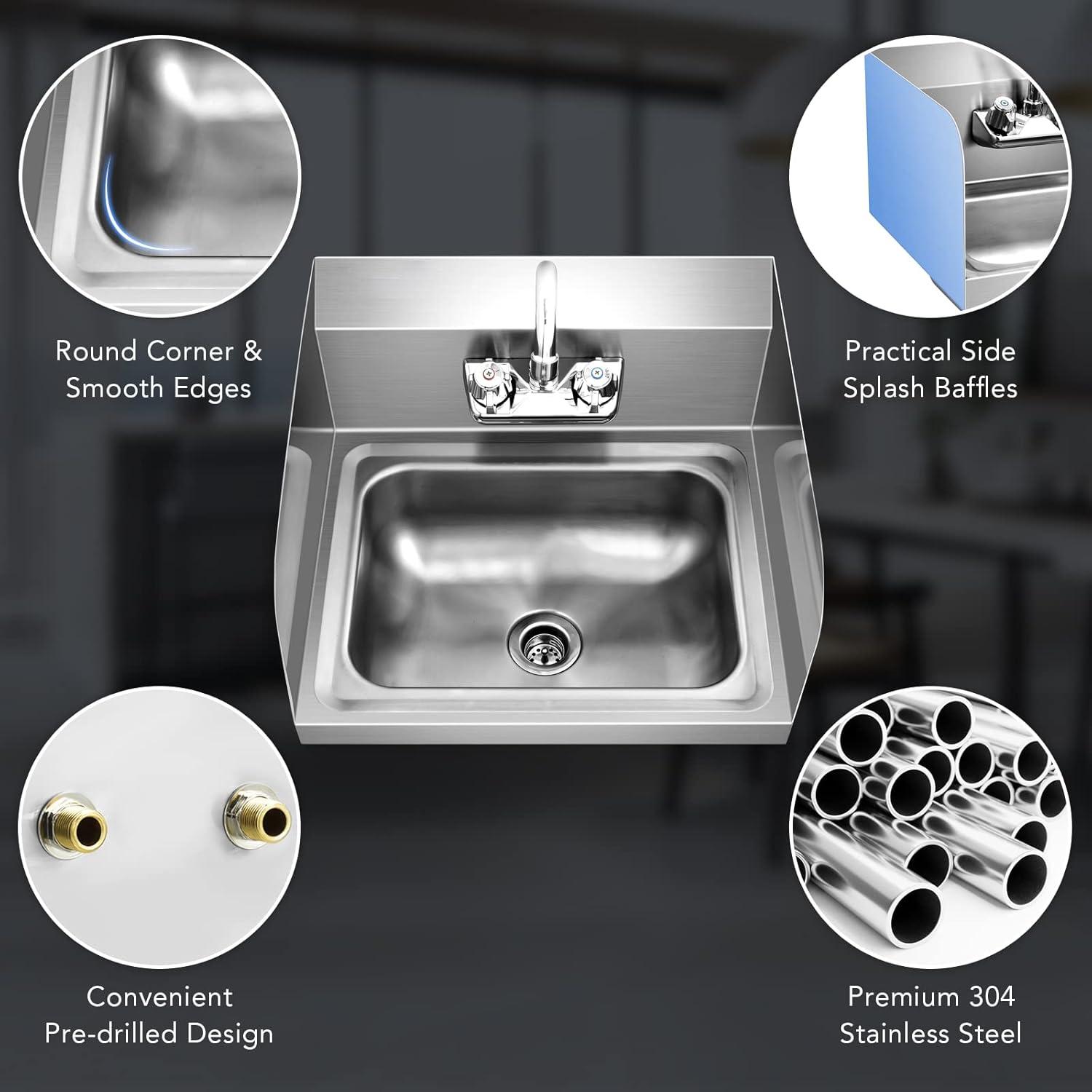 Tangkula Stainless Steel Sink NSF Wall Mount Hand Washing Sink with Faucet & Side Splash