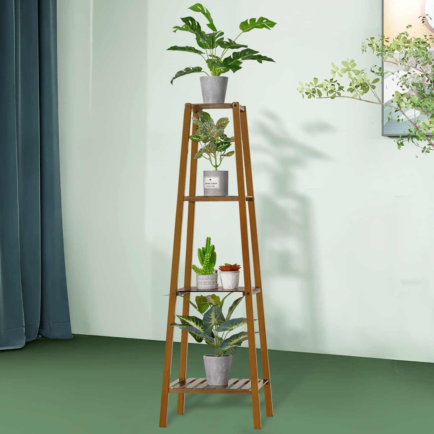 Magshion Bamboo 4 Tier Tall Plant Stand Pot Holder Small Space Table