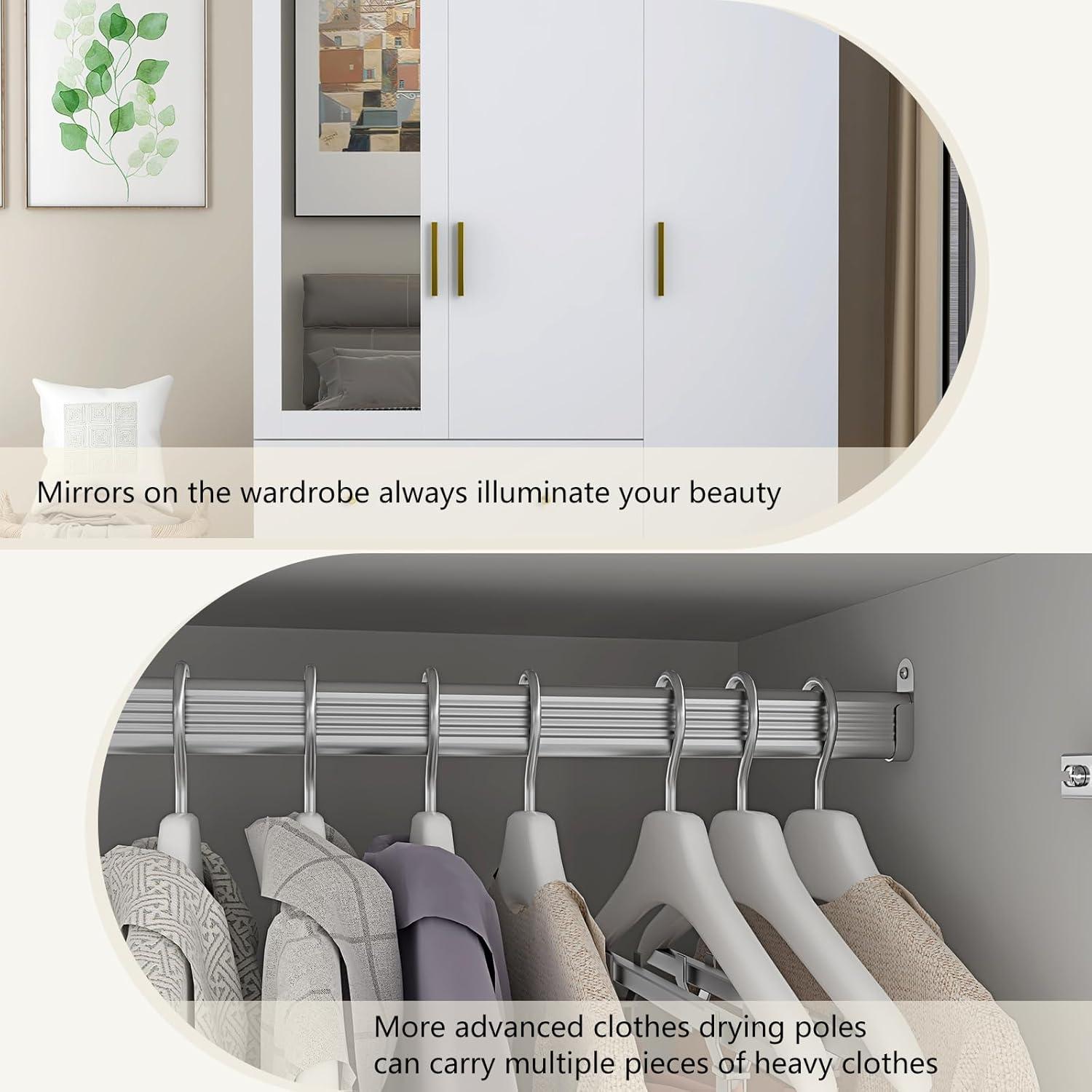Armoire Wardrobe Closet With Mirror & Led Light, 4 Door Wooden Storage Cabinet With Drawers, Spacious Armoire With Hanging Rod & Adjustable Shelves