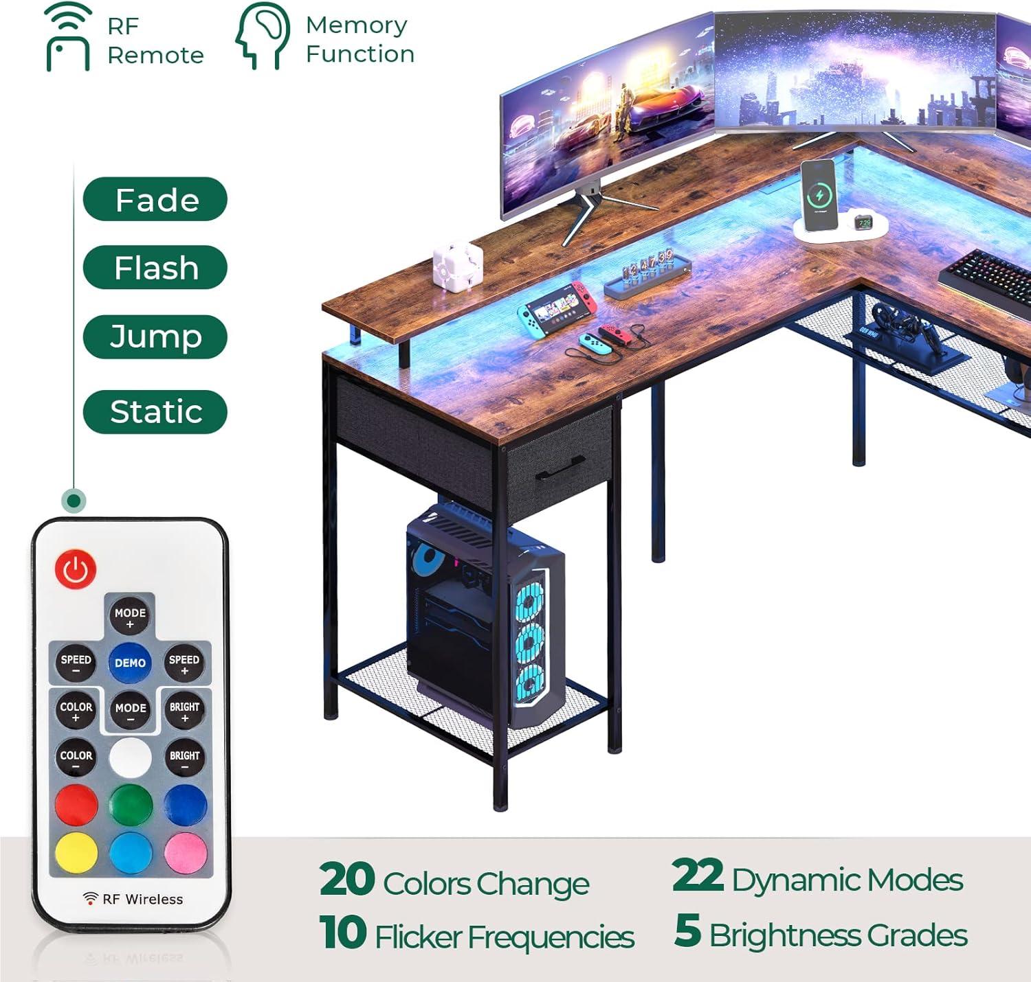 Rustic Brown L-Shaped Computer Desk with LED Lights and Storage