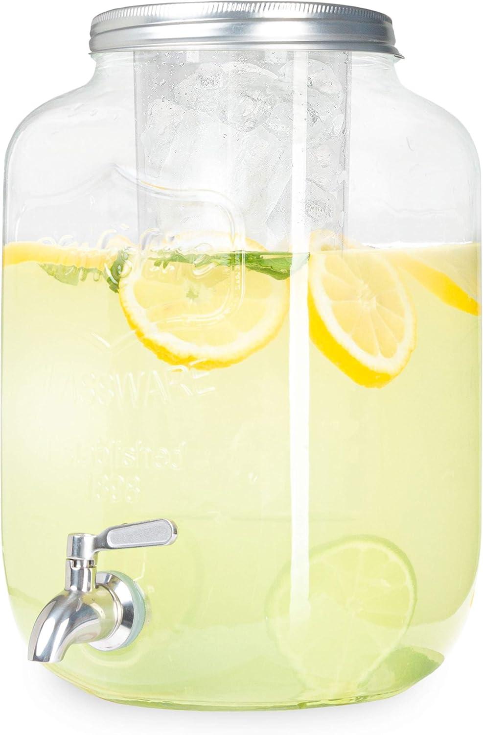Crutello Outdoor Glass Beverage Dispenser with Stainless Steel Spigot & Ice Cylinder - 2 Gallon Drink Dispenser for Tea, Lemonade, Cold Water & More - A Family-Owned American Brand