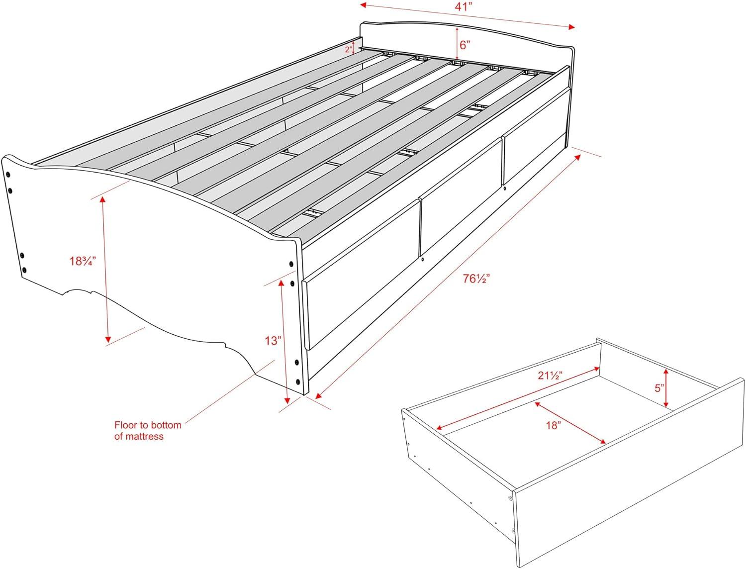 White Twin Wood Frame Platform Storage Bed with Drawers