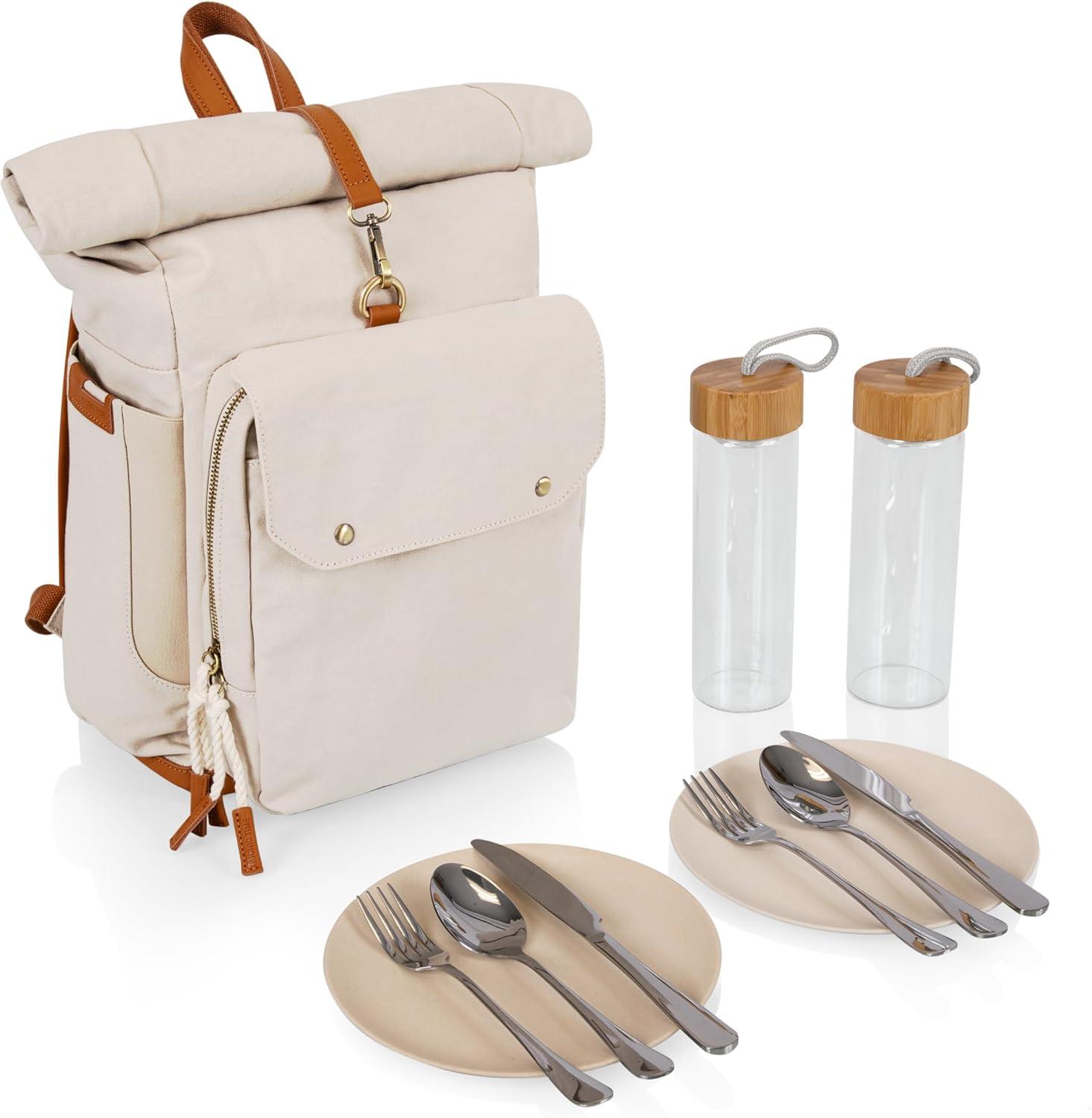 Oniva Carmel Roll Top 35Cans/13qt Picnic Backpack Cooler with Utensil and Bottle Set - Tan