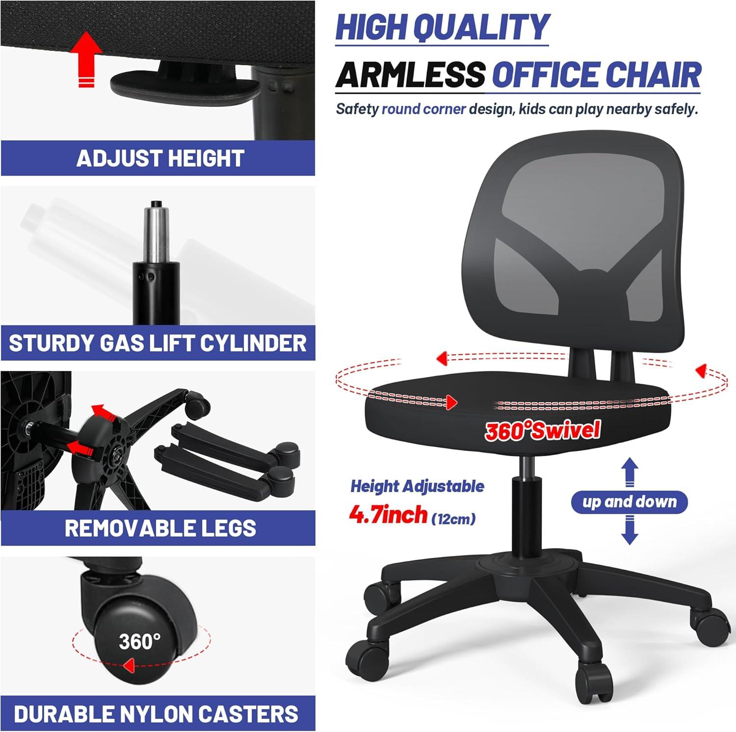 Mesh Office Chair Ergonomic Small Desk Chair No Arms Black Swivel Computer Chair with Wheels Task Chair for Small Spaces Mid Back Home Office Chair for Adults and Kids