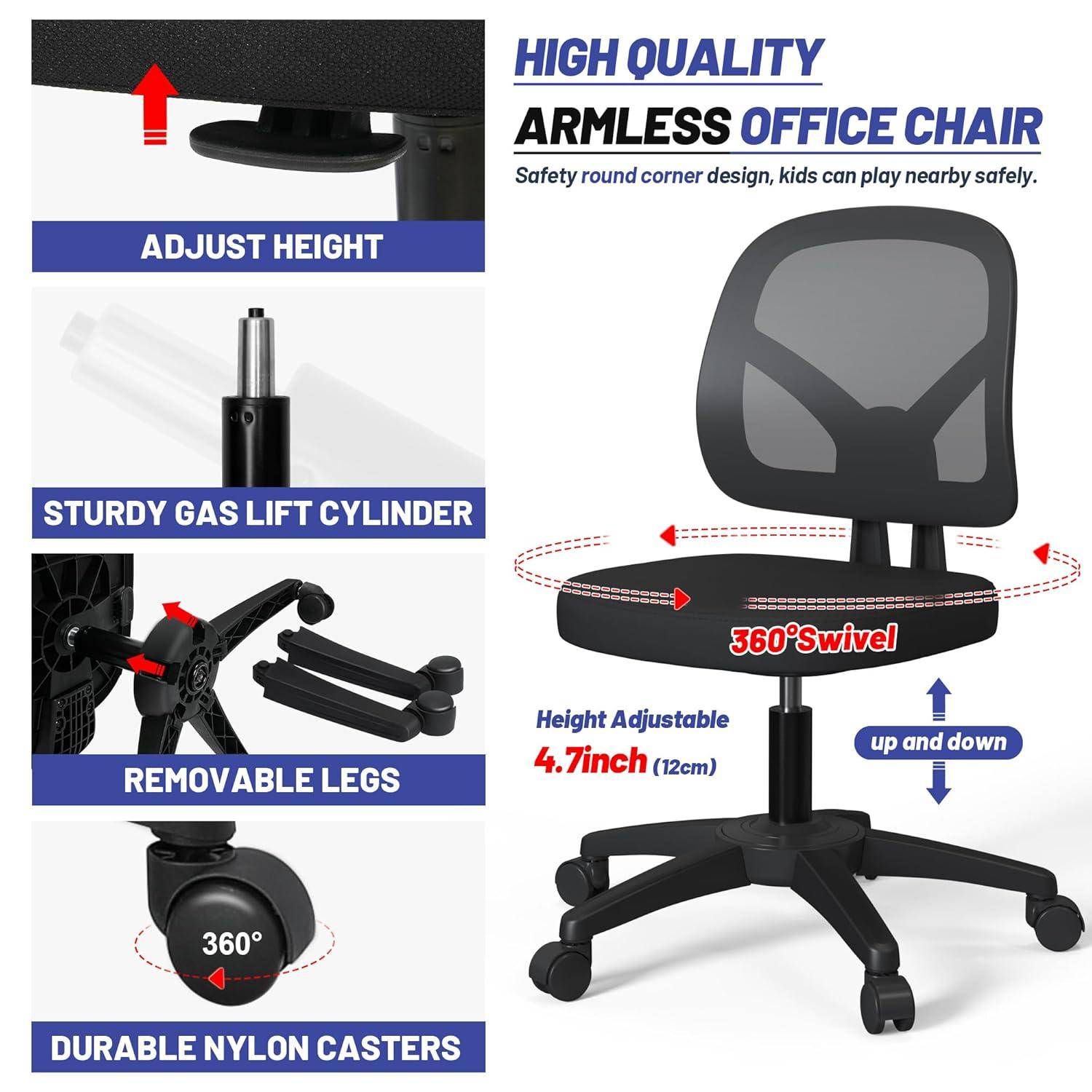 Mesh Office Chair Ergonomic Small Desk Chair No Arms Black Swivel Computer Chair with Wheels Task Chair for Small Spaces Mid Back Home Office Chair for Adults and Kids