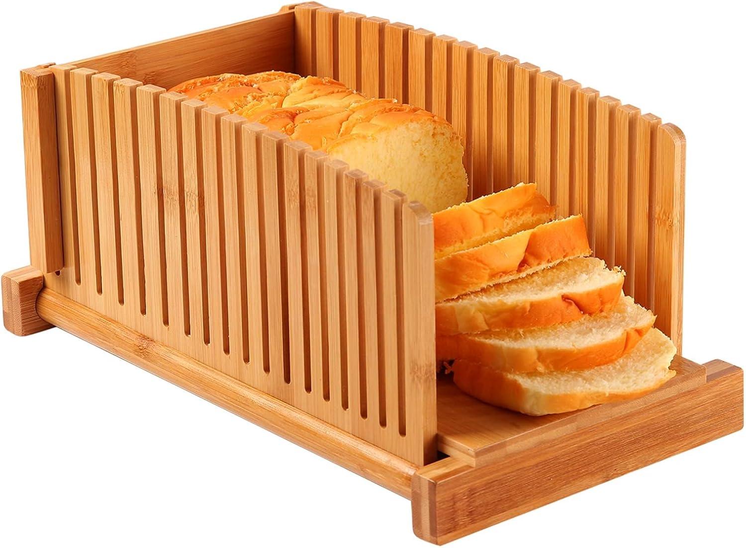 Premium Bamboo Bread Slicer for Homemade Bread, Crumb Catcher, Foldable and Compact Loaf Cutter 3 Size Slicing Guide