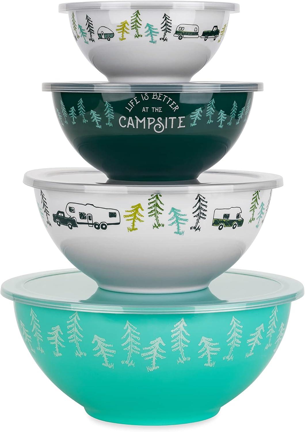 Camco Life is Better at The Campsite Nesting Bowl Set, Includes (4) Durable Melamine Bowls with (4) Plastic Lids Suitable for On-The-Go Lifestyles