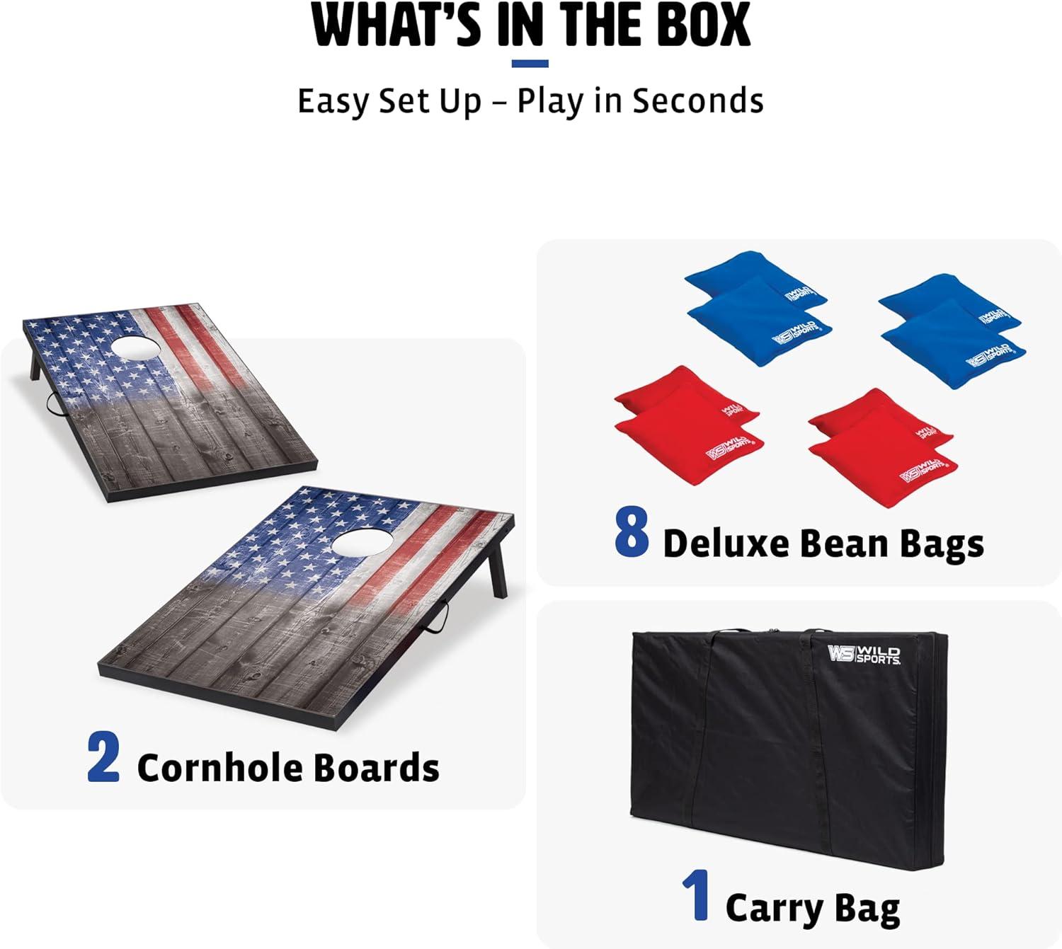 YUNWEN 2’x3’ or 2’x4’ Cornhole Outdoor Game Set, USA Flag or Natural Wood Options with Carry Bag Included – Perfect for Backyard, Beach, and Tailgates, Add On Extra Bags