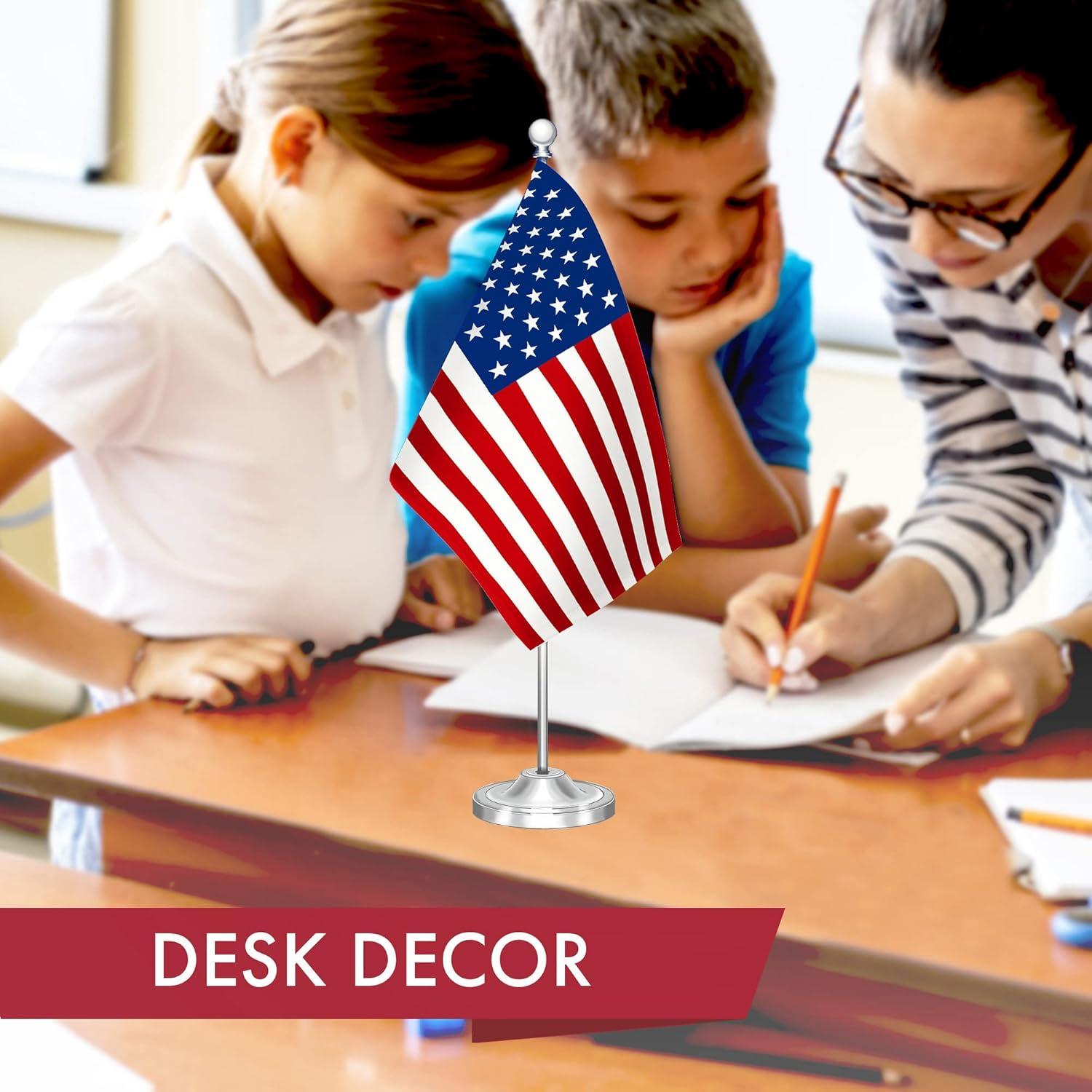 G128 American USA Deluxe Desk Flag Set | 8.5x5.5 In | Printed 300D Polyester, with Silver Dome and Base, 15" Metal Pole, Decorations For Office, Home and Festival Events Celebration