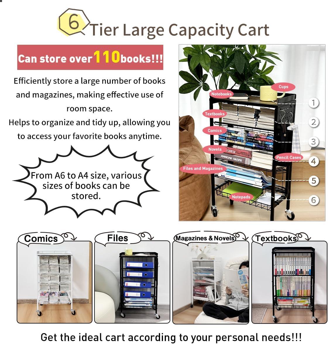 Lumizone Foldable Book Cart 6-Tier Large Capacity Bookshelf Single Sided V-Shaped Sloped Shelves With brake Wheels With PegBoard Slim Rolling Utility Cart Storage Rack, Home Shelves and Office(Black)
