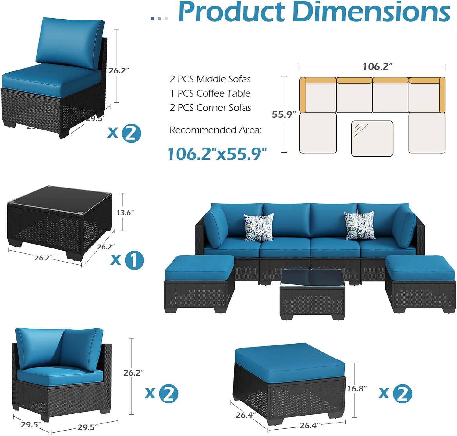 Black Steel Frame 7-Piece Outdoor Sectional Sofa Set with Blue Cushions