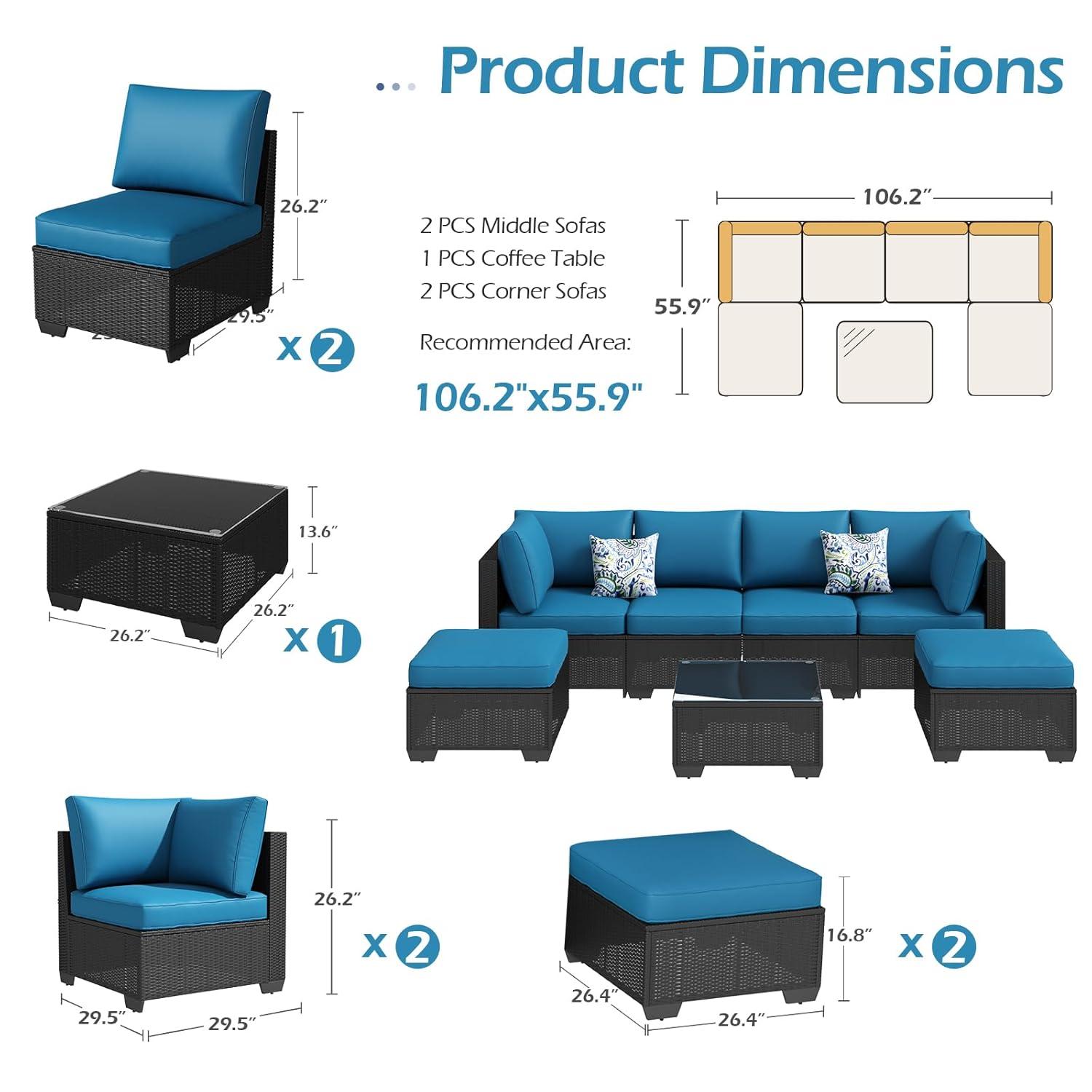Black Steel Frame 7-Piece Outdoor Sectional Sofa Set with Blue Cushions