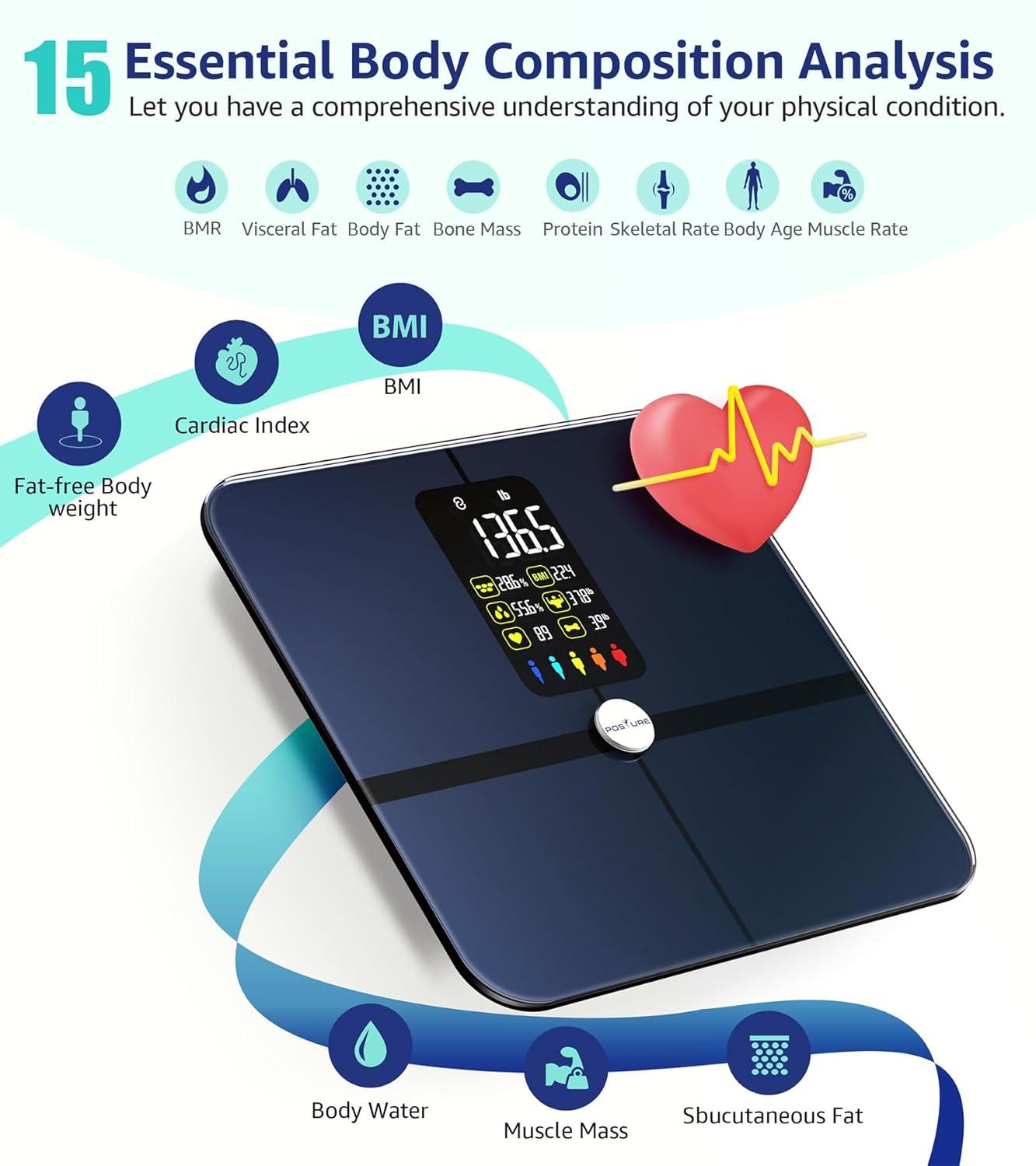 Body Fat Scale, Posture Extra Large Display Digital Bathroom Wireless Weight Scale Composition Analyzer with Heart Rate Heart Index & Body Shape Index with Free APP 400Lb Black