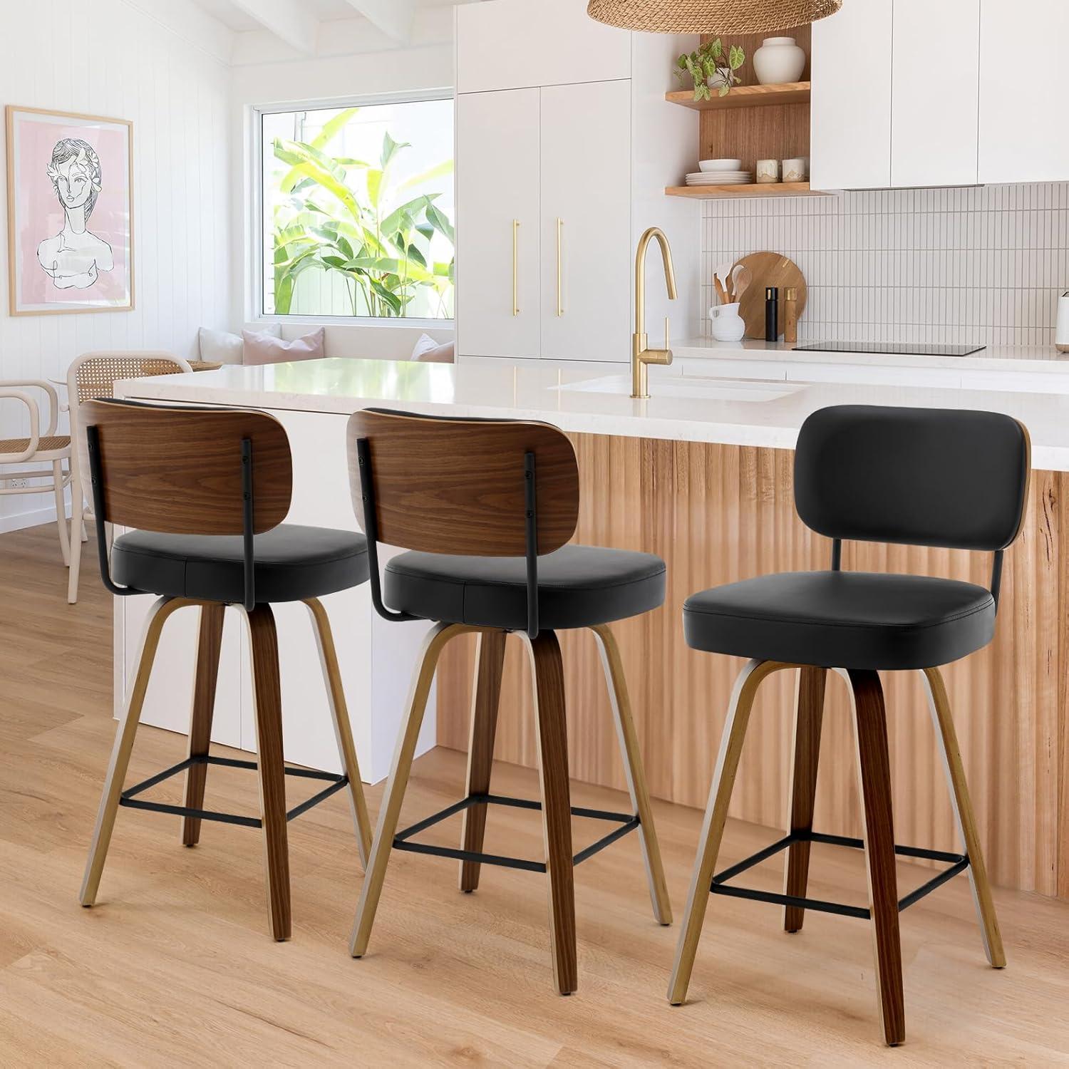 INKEDZ Swivel Counter Height Bar Stools Set of 3, Upholstered Faux Leather Barstools with Rattan Back, 26" Seat Height Bar Chairs for Kitchen Island, Bentwood Wood Frame, Cream White