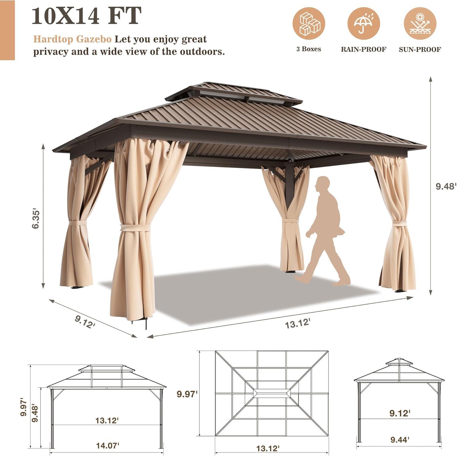 10' x 14' Hardtop Gazebo Galvanized Outdoor Gazebo Canopy Double Vented Roof Pergolas Aluminum Frame with Netting and Curtains