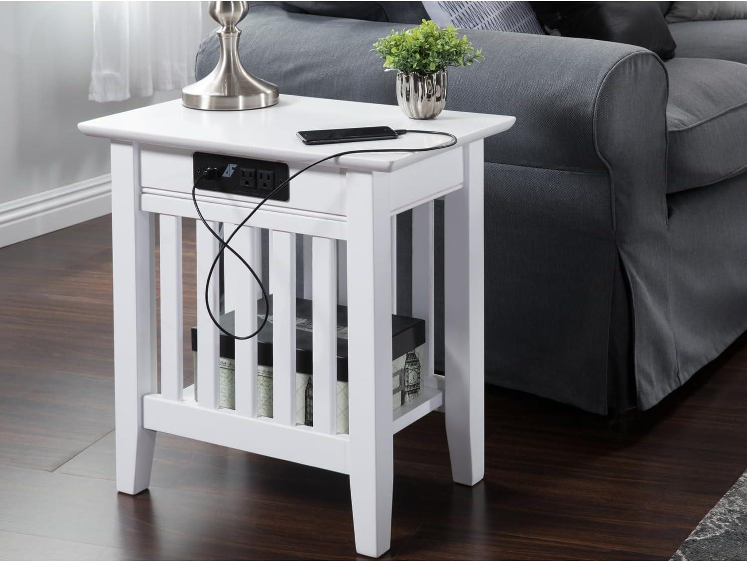 Mission Chair Side Table with Charger Station in White