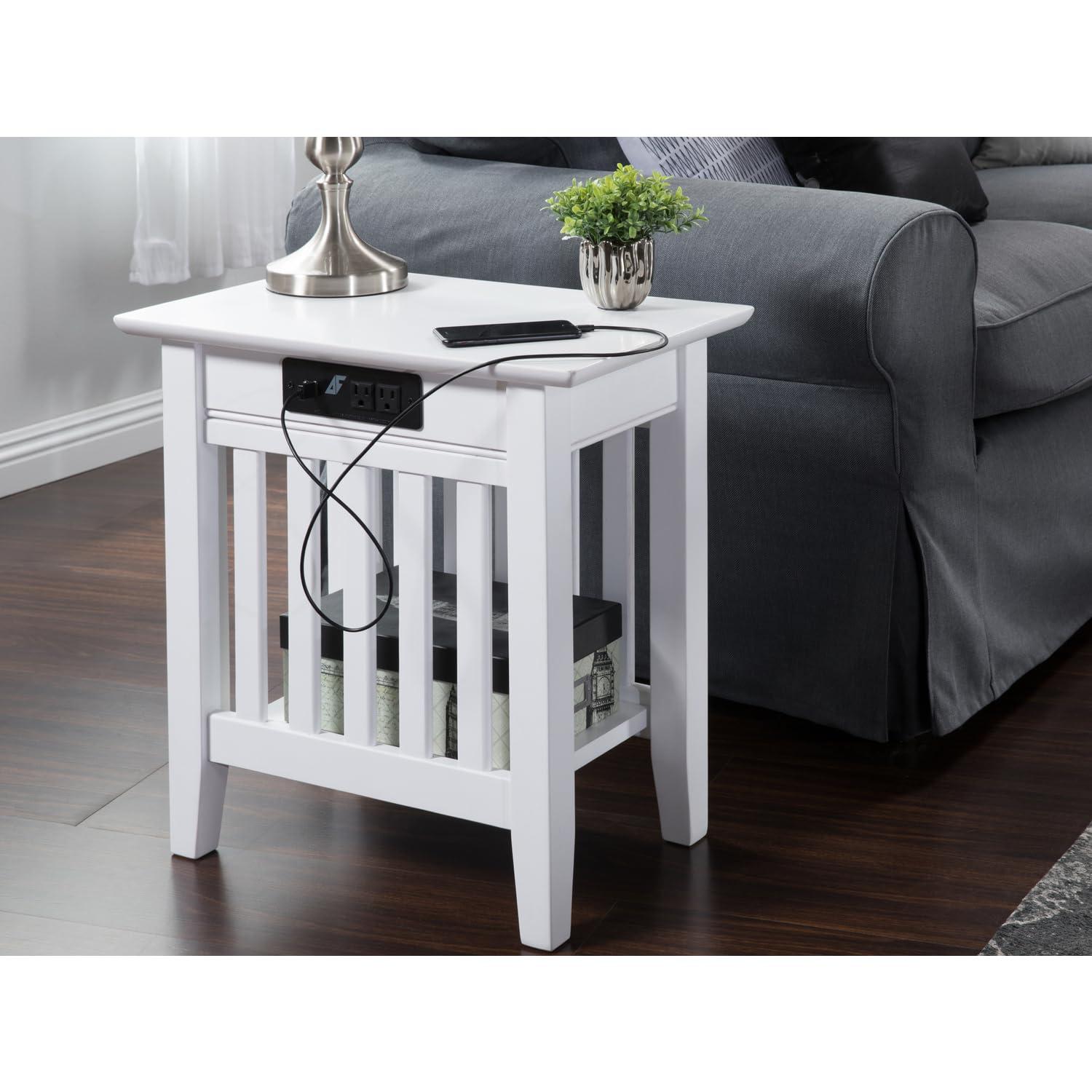 Mission Chair Side Table with Charger Station in White
