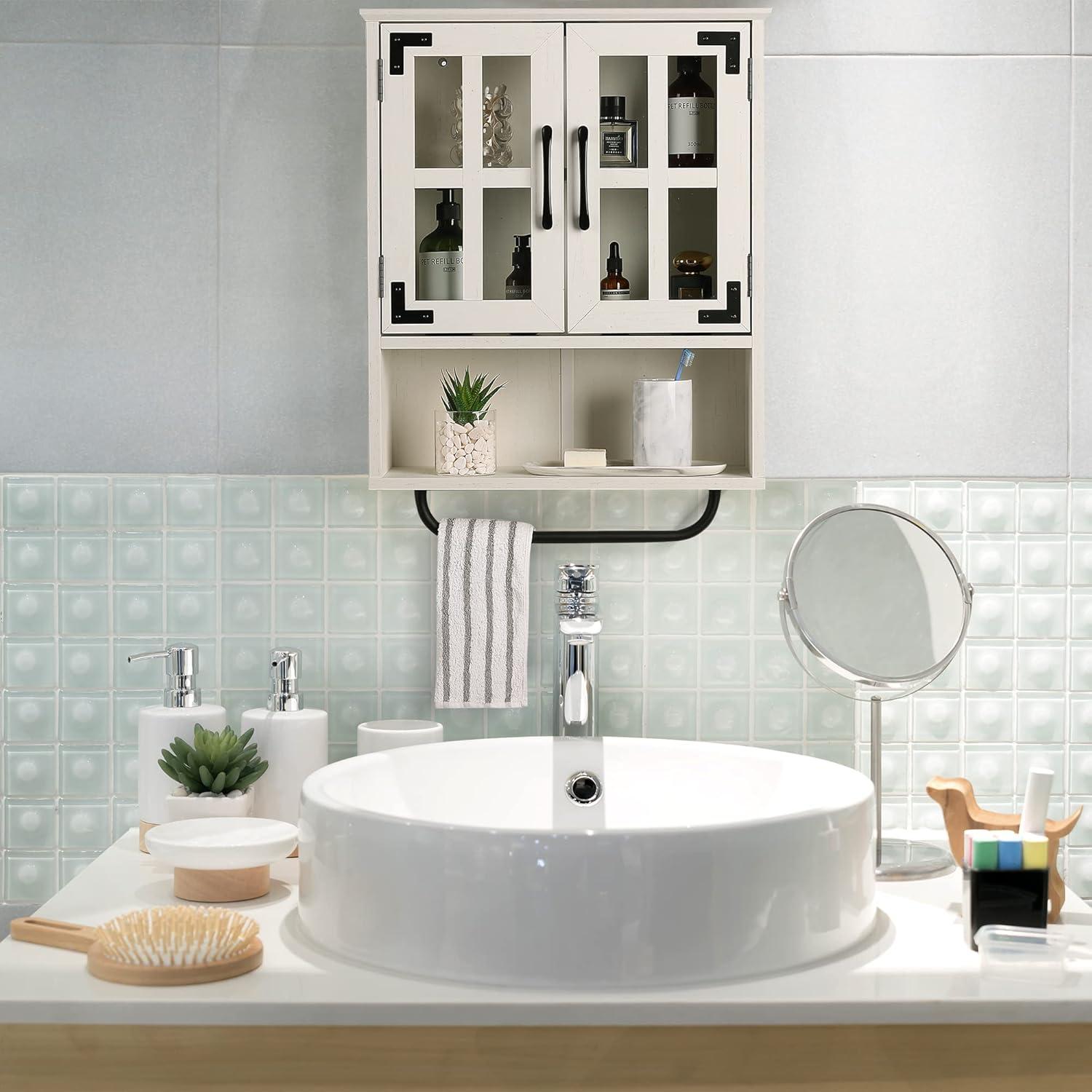 Wood Wall Storage Cabinet With Cross Glass Doors, Farmhouse Wall Mounted, 3 Tier Rustic Cabinet With Adjustable Shelves And Towel Bar For Bathroom, Living Room, Vintage White