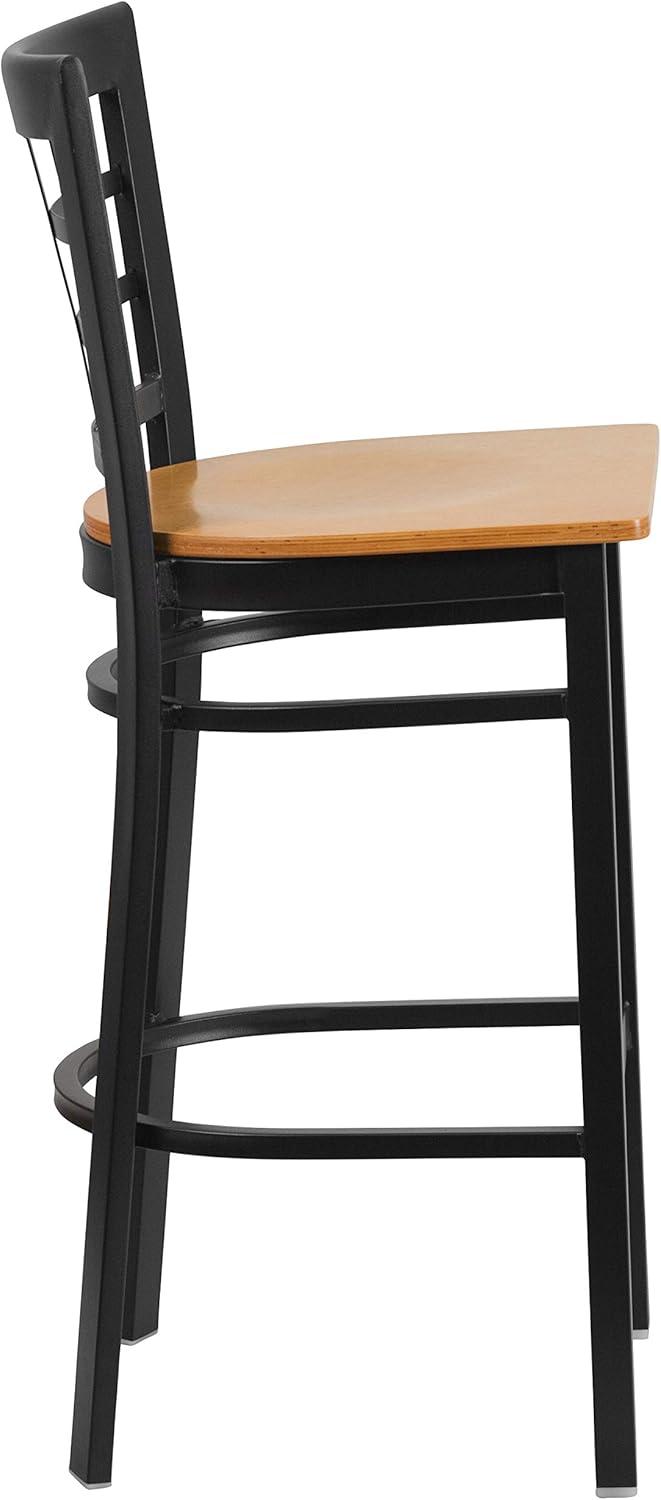 Flash Furniture HERCULES Series Black Window Back Metal Restaurant Barstool - Natural Wood Seat