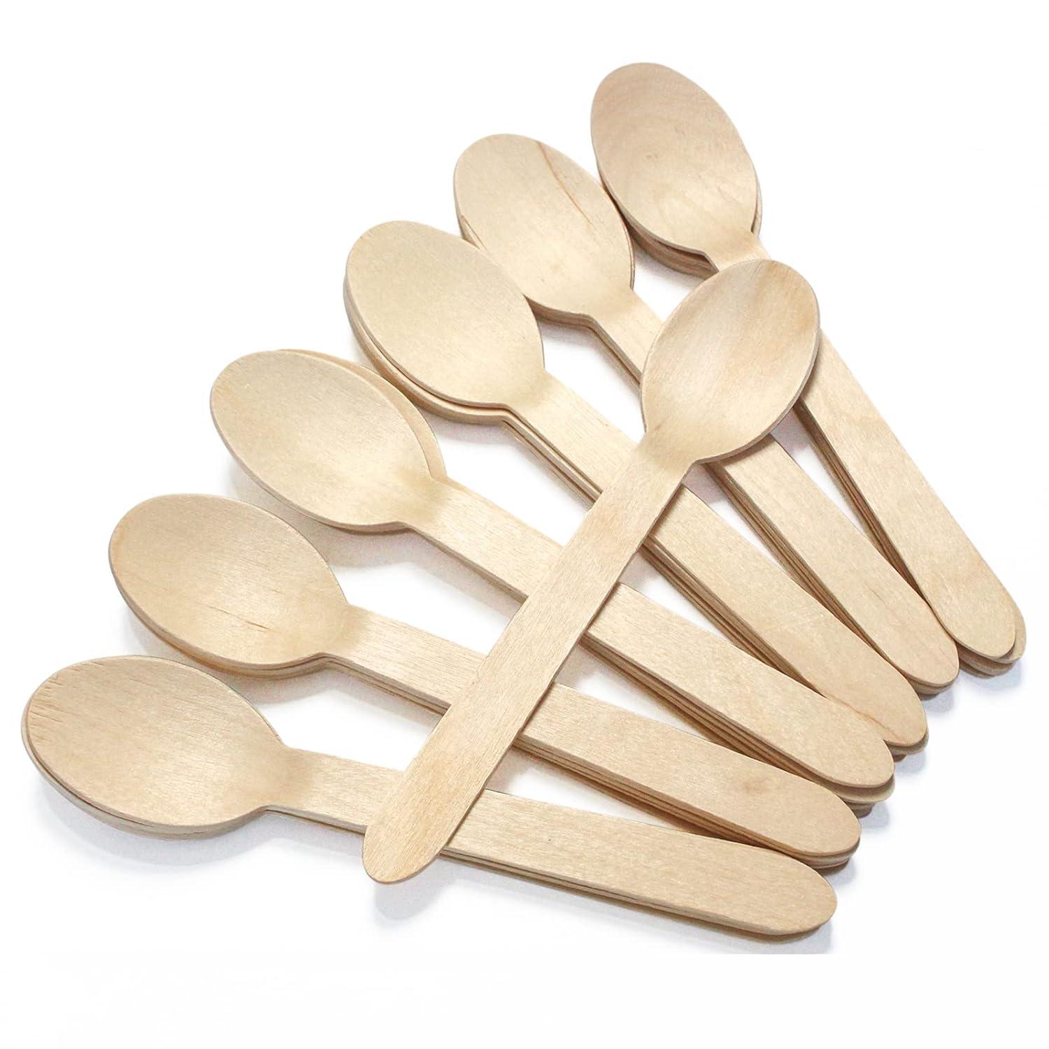 Concession Essentials Disposable Wooden Cutlery Spoons, Compostable and Earth Friendly, 6.25 Inch Length - Pack of 100 Spoons