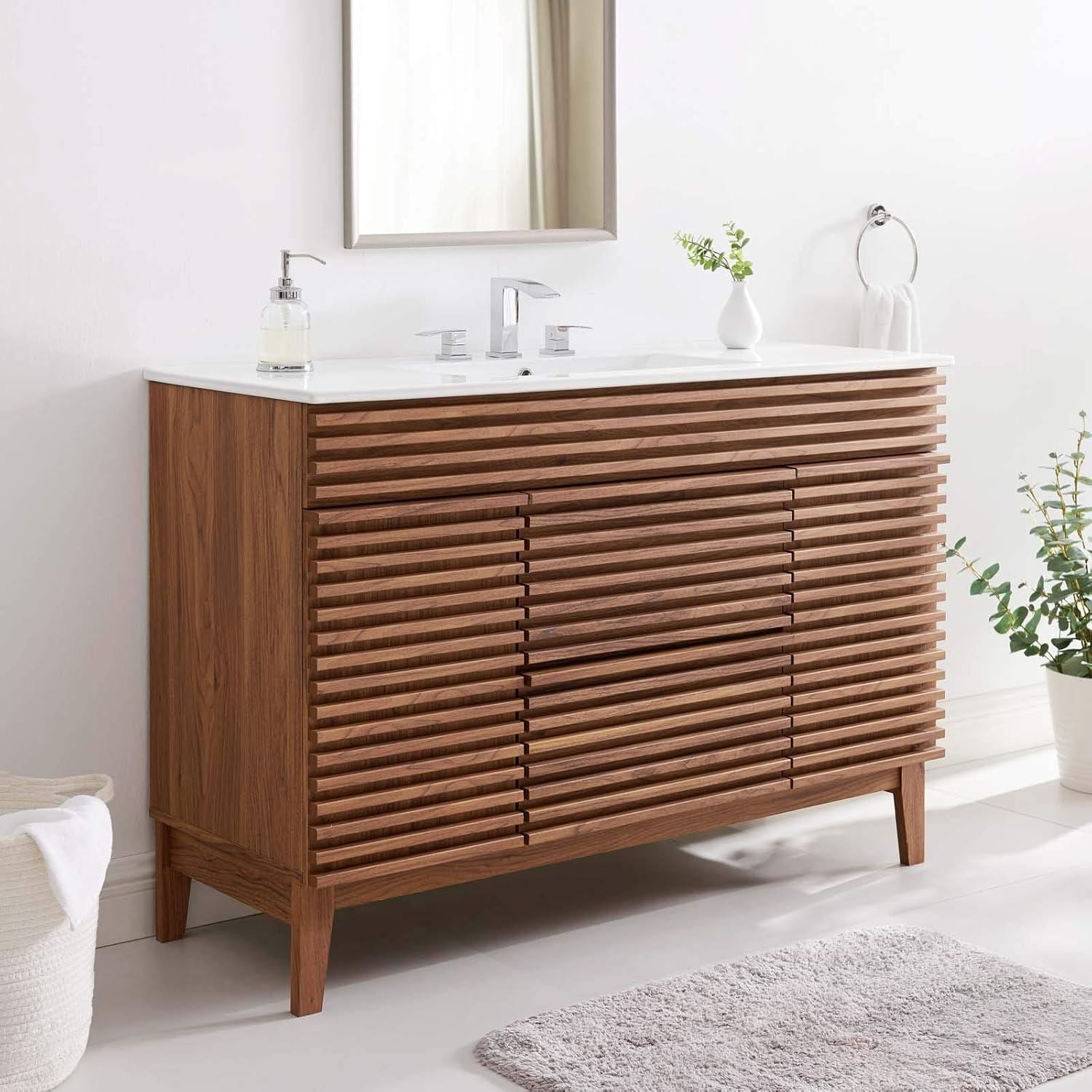 Modway Render 48" Modern Plastic Single Sink Bathroom Vanity in Walnut/White