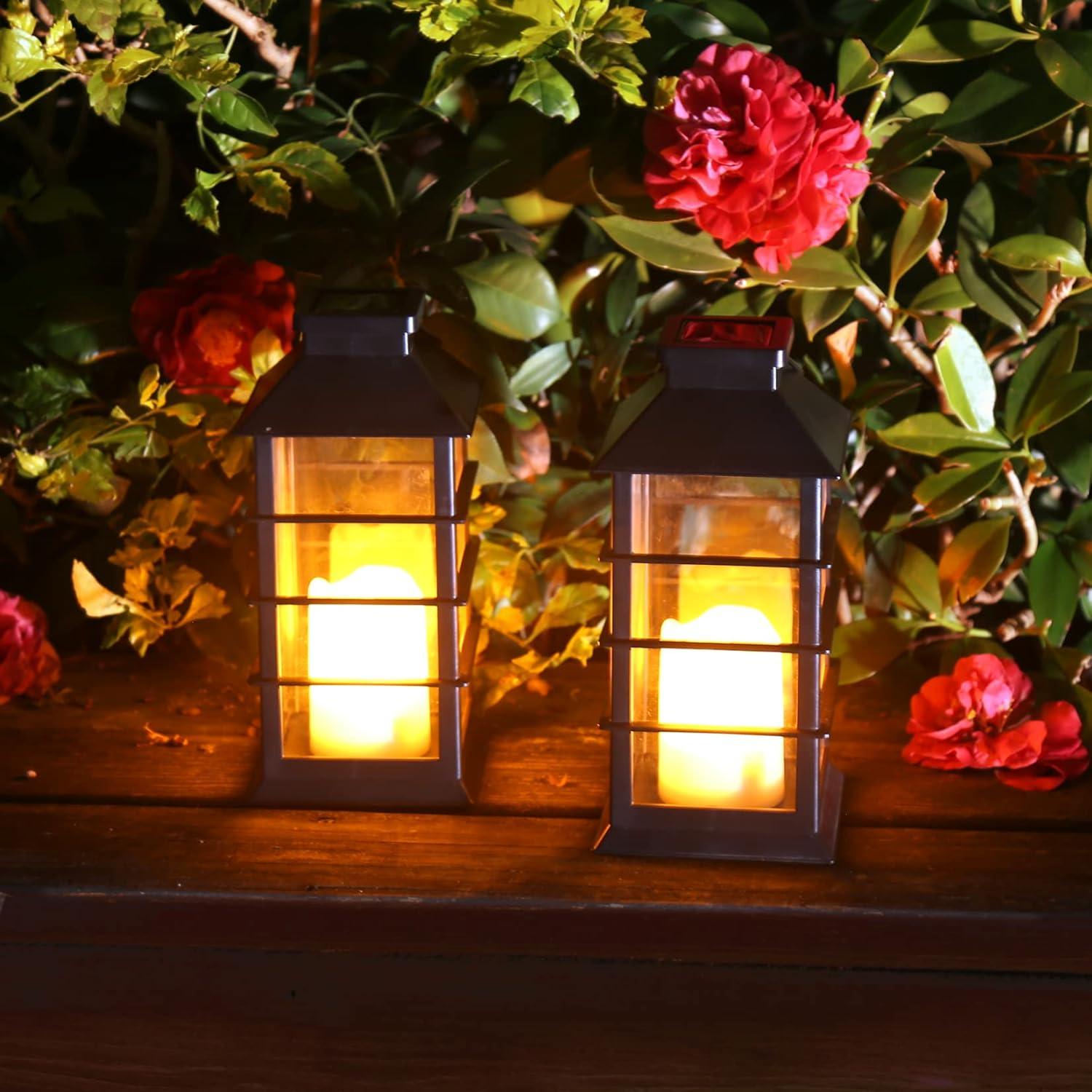 Black Antique LED Flameless Candle Solar Lanterns, Set of 2