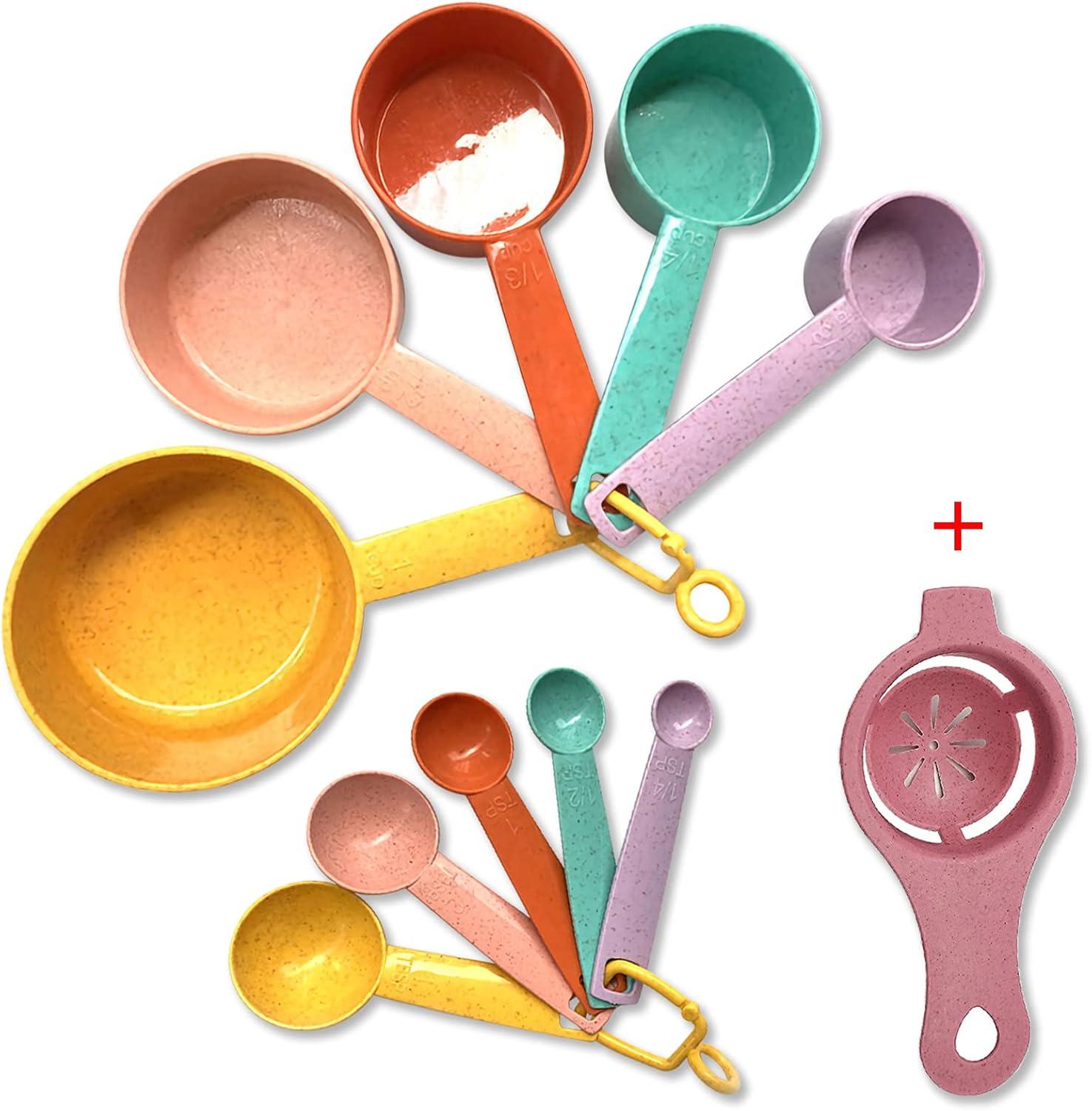 Colorful Plastic Measuring Cups and Spoons Set - 10 Pcs Kitchen Measuring Tools | Engraved Metric/US Measurements | Multiple Sizes for Cooking and Baking -|Colourful Measuring Spoons and Cups Set | 10