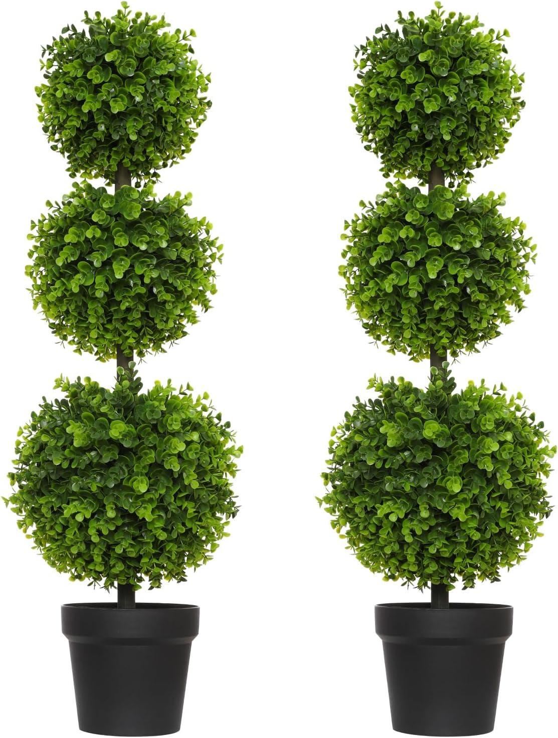 Fake Boxwood Topiary Tree Set Of 2 ,Faux 3 Balls Tree Topiary In Pot