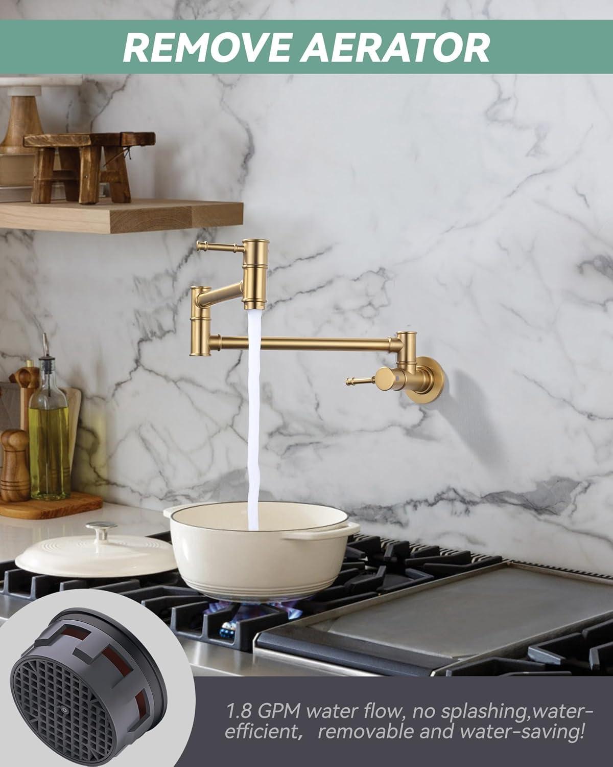 Brushed Gold Wall Mount Double Handle Pot Filler Faucet