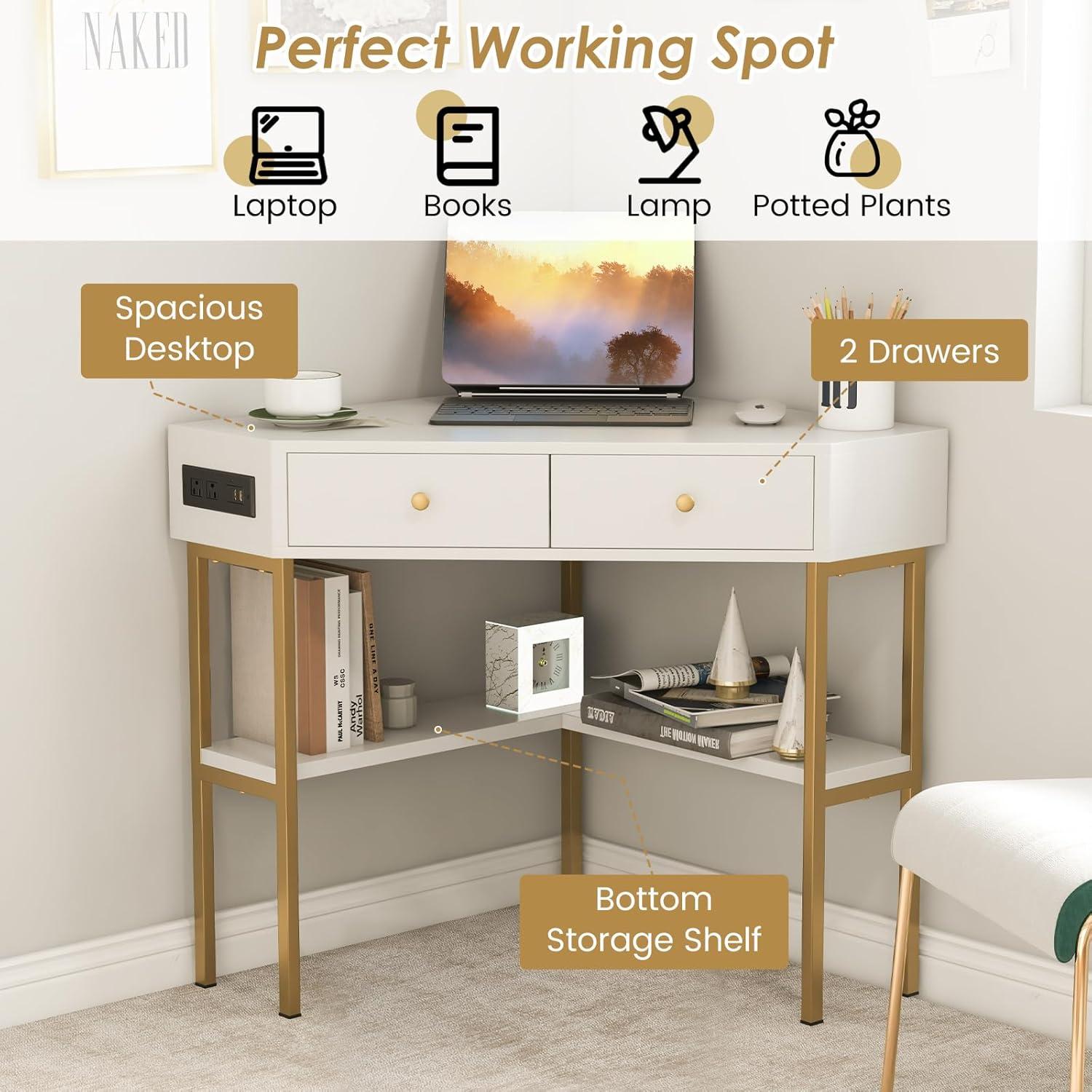 Costway Corner Desk with Built-in Charging Station Storage Drawers & Open Shelves Office White