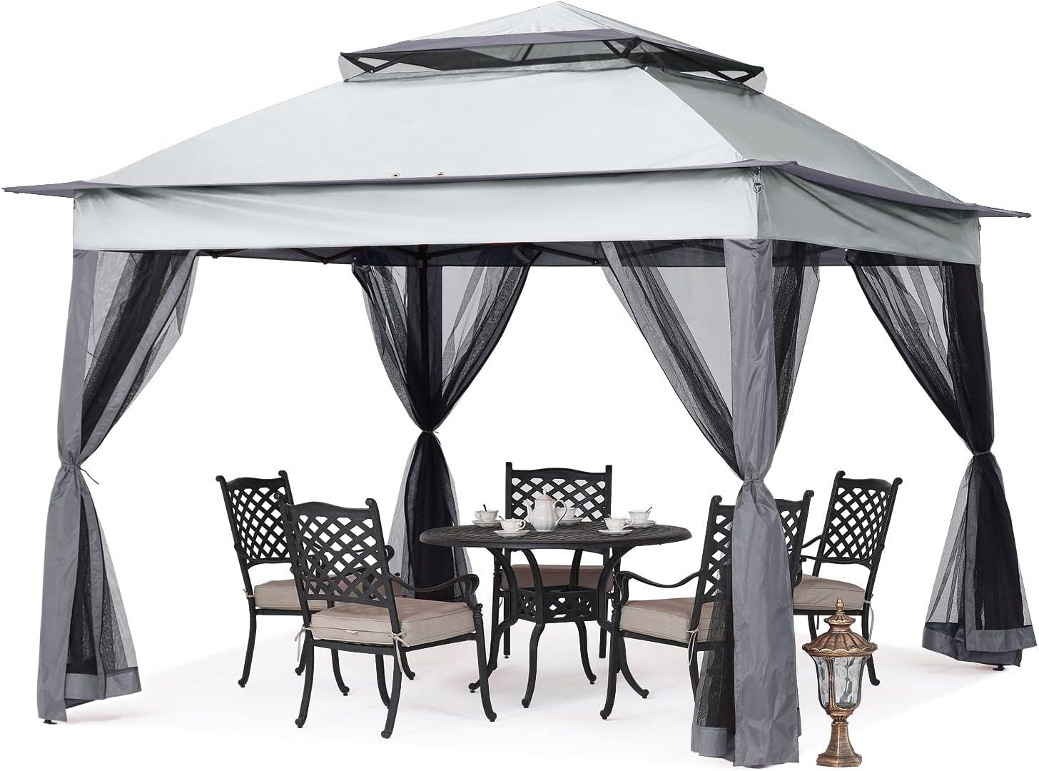 Dark Gray 11x11 Steel Patio Gazebo with Mesh Walls