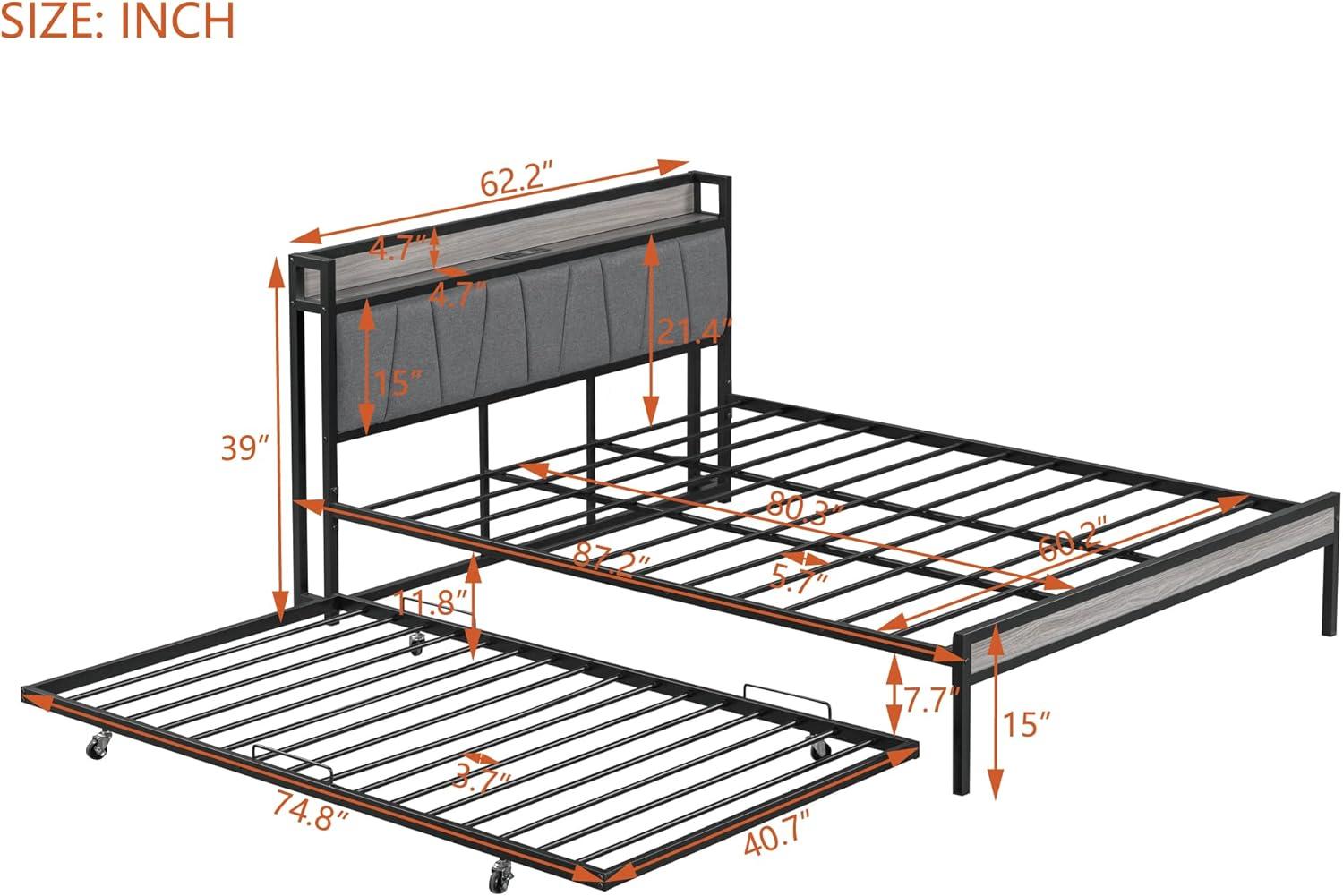 Queen Size Platform Bed Frame with Twin size trundle, Metal Bed Frame with USB Ports and Sockets,Upholstered Platform Bed with Headboard and Wood Footboard,Strong Slat Support,Black