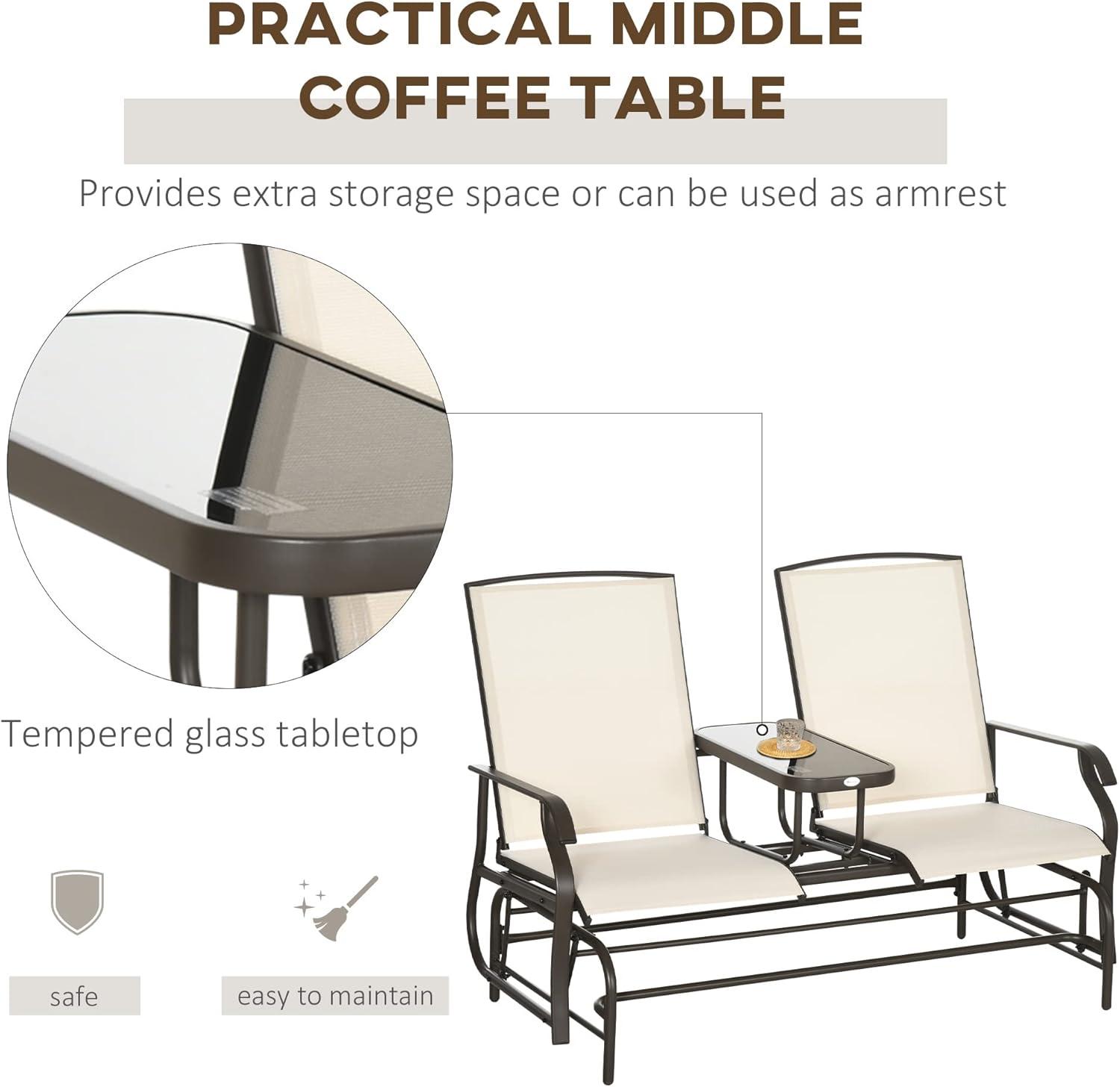 YYAo Outdoor Swing Rocker Glider Chair, Rocking Lounge Chair,Outdoor Glider Bench with Center Table,Patio Loveseat with Armrests, Beige