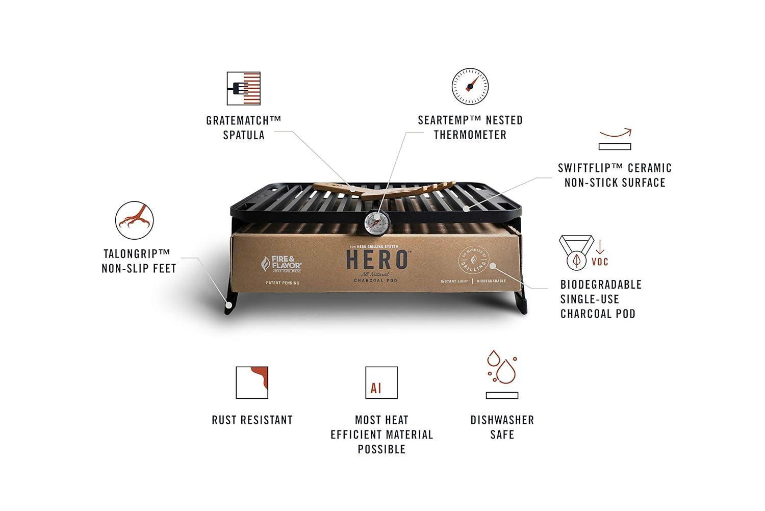 Fire & Flavor HERO Grill Kit Ultra-Portable Easy Instant Light Charcoal Grilling for Tailgating