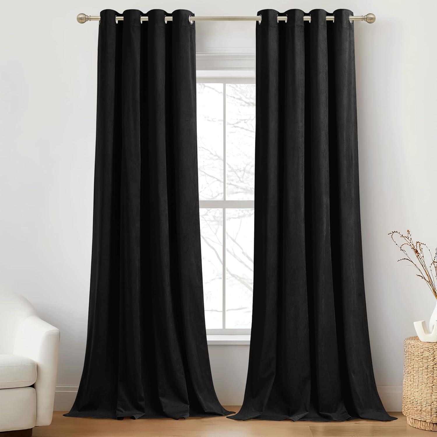 JIUZHEN Black Velvet Curtains for Living Room -96 inches Long Rod Pocket Thermal Insulated Room Darkening Window Drapes for Bedroom, Set of 2 Panels with Tiebacks, 52 x 96 inches