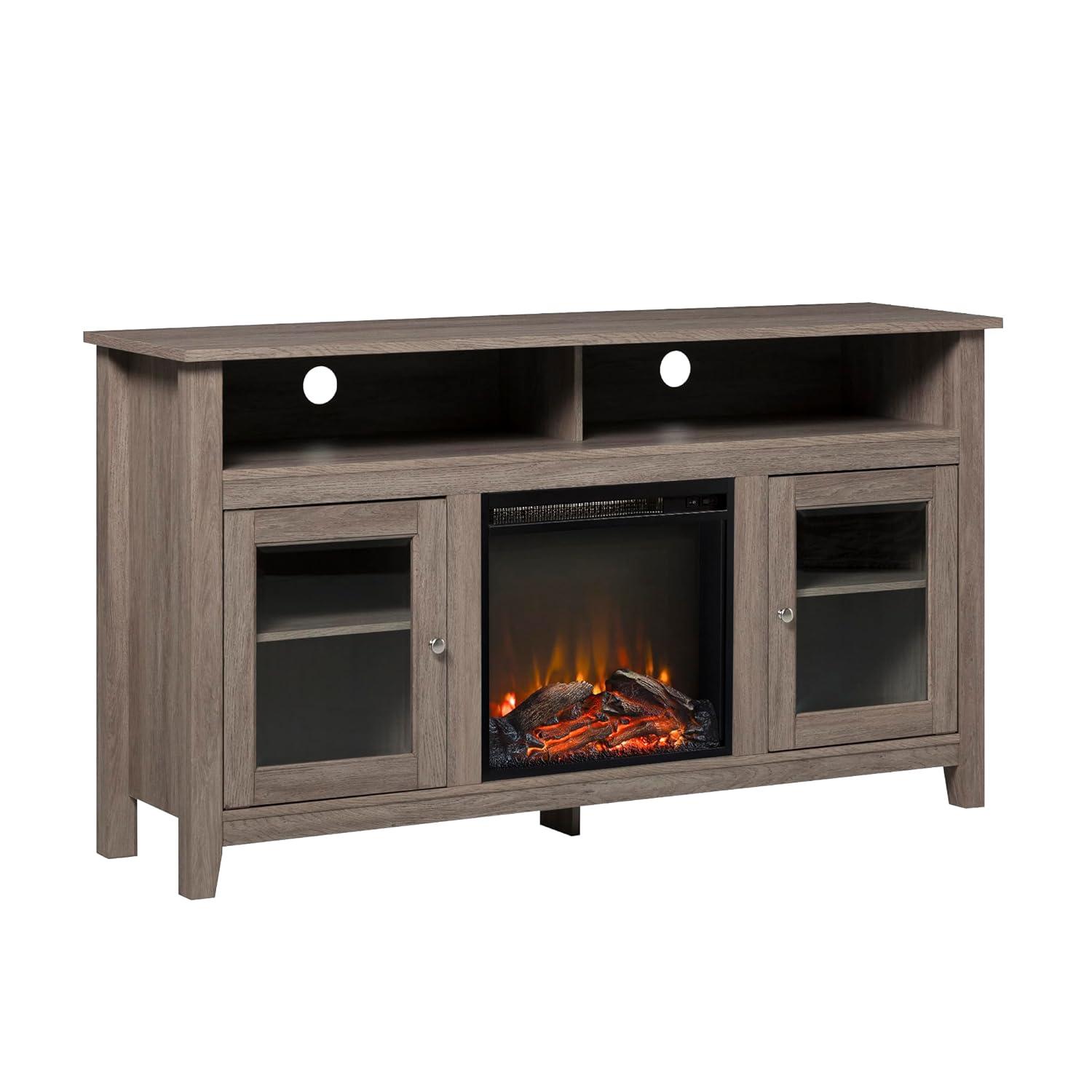 Walker Edison Glenwood Rustic Farmhouse Glass Door Highboy Fireplace TV Stand for TVs up to 65 Inches, 58 Inch, White Oak