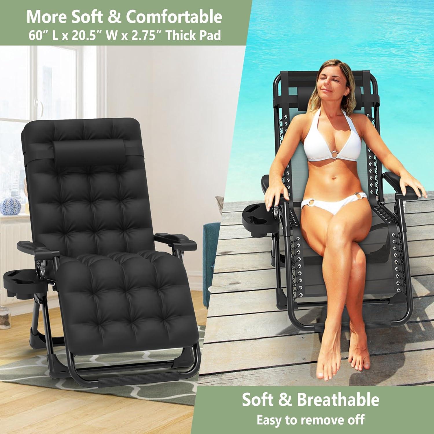 Slendor Zero Gravity Chair Lounge Chair Recliner w/Upgraded Lock and Removable Cushion, Reclining Camping Chair w/Cup Holder Tray & Headrest, Folding Reclining Patio Chairs for Indoor Outdoor, Black