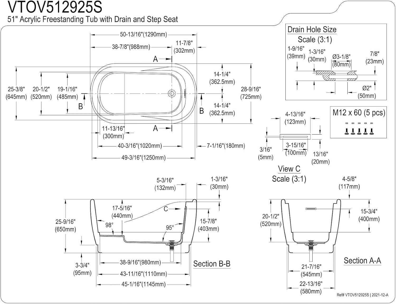 Kingston Brass Aqua Eden 51-Inch Acrylic Oval Double Ended Freestanding Tub with Drain and Integrated Seat