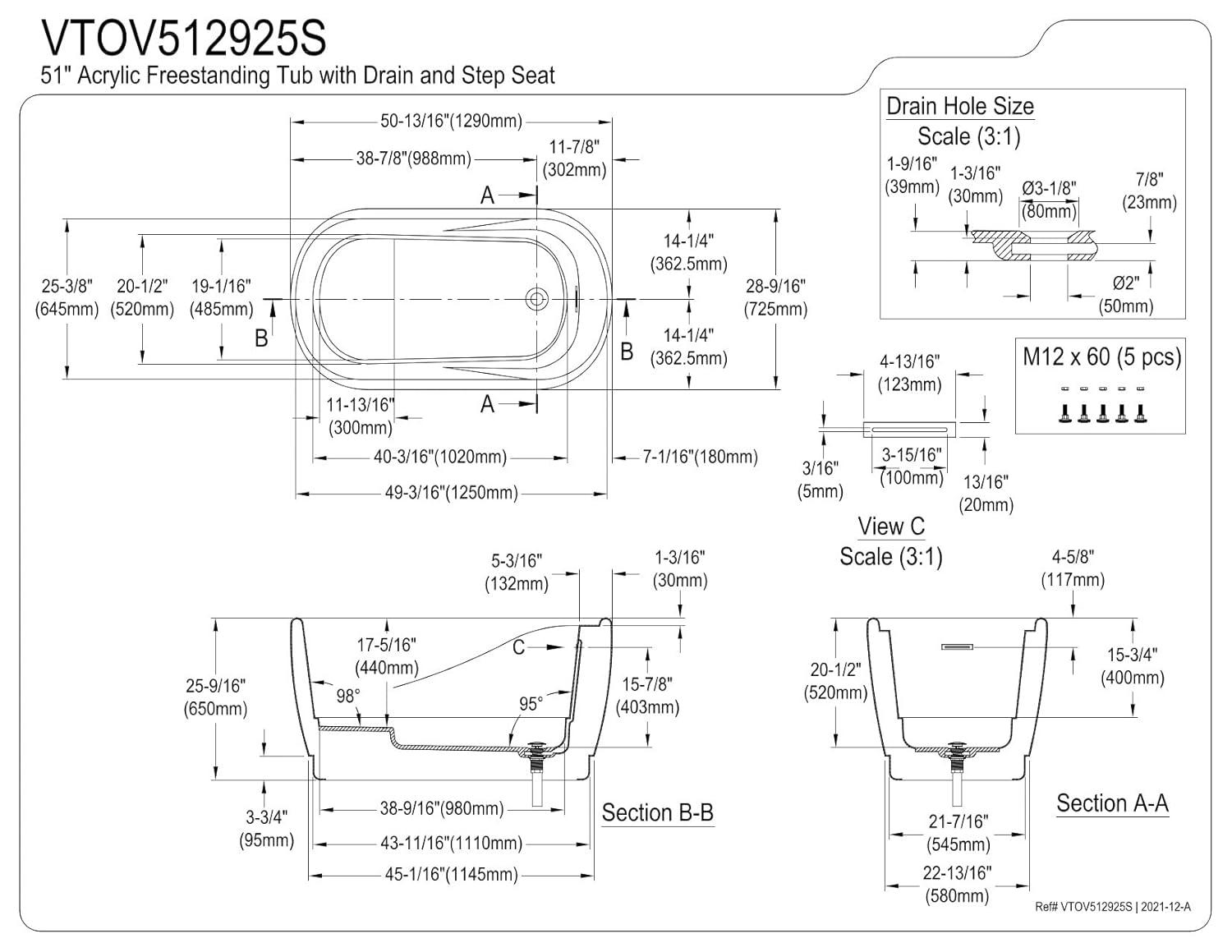 Kingston Brass Aqua Eden 51-Inch Acrylic Oval Double Ended Freestanding Tub with Drain and Integrated Seat