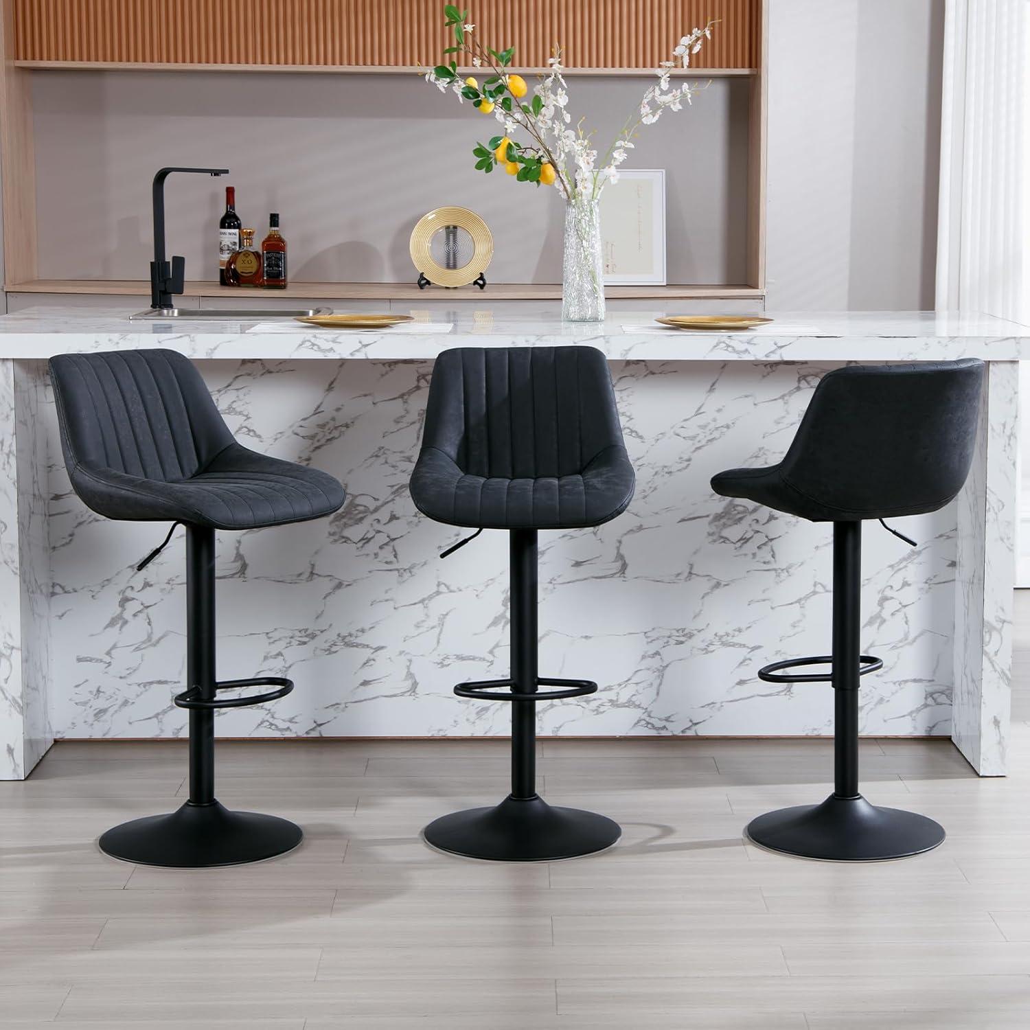 Corrigan Studio® Bar Stools Set of 3, Swivel Counter Height Barstools with Back, Adjustable PU Leather Bar Chairs, Modern Armless Kitchen Island Stool, Black