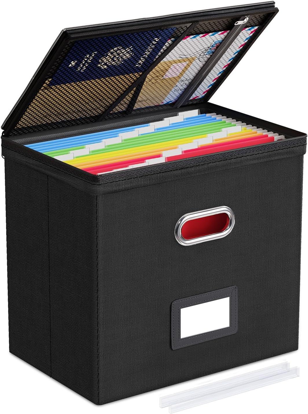 Gijjgole Collapsible Faux Leather Hanging File Folder Box Organizer with lid and Plastic Slides, Black