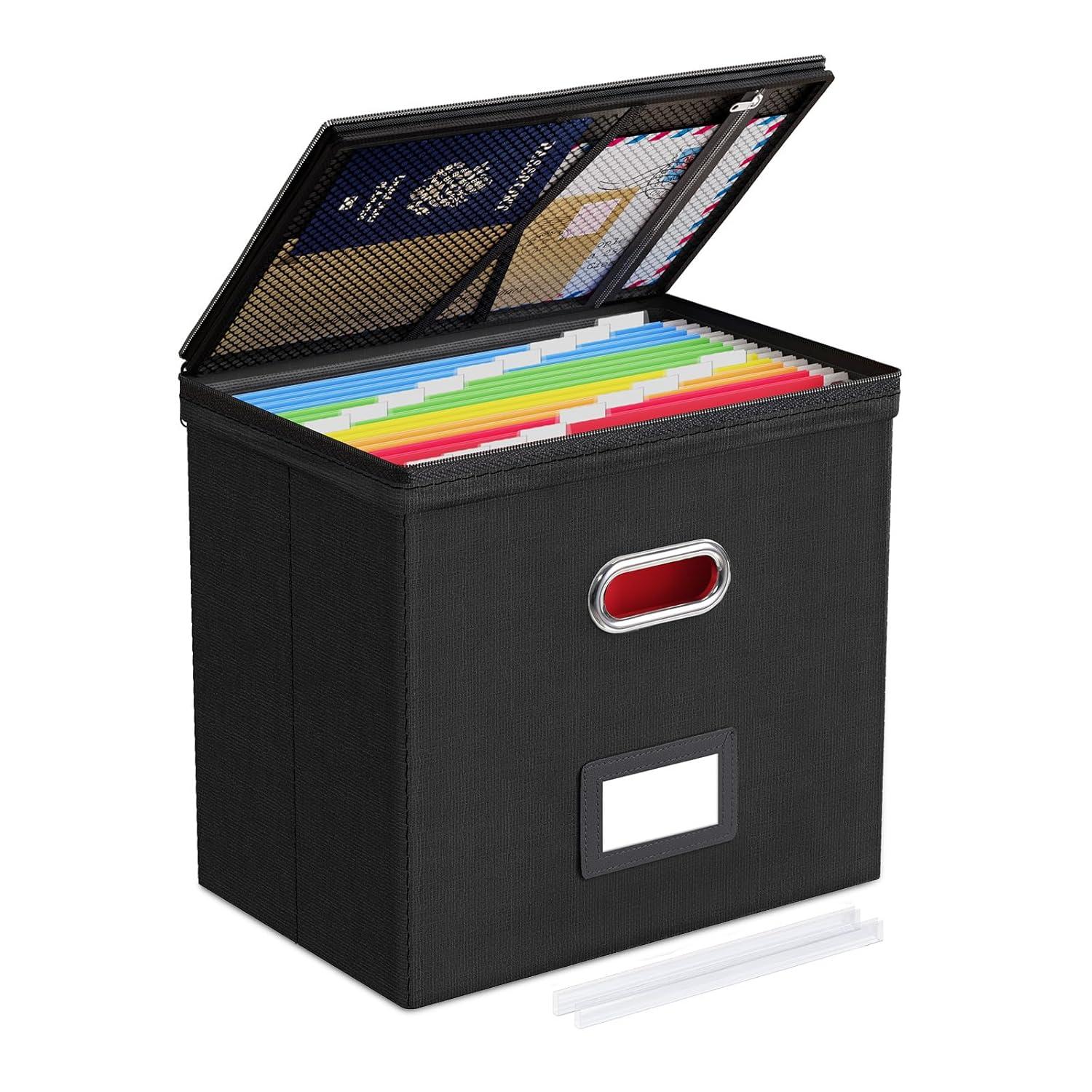 Gijjgole Collapsible Faux Leather Hanging File Folder Box Organizer with lid and Plastic Slides, Black