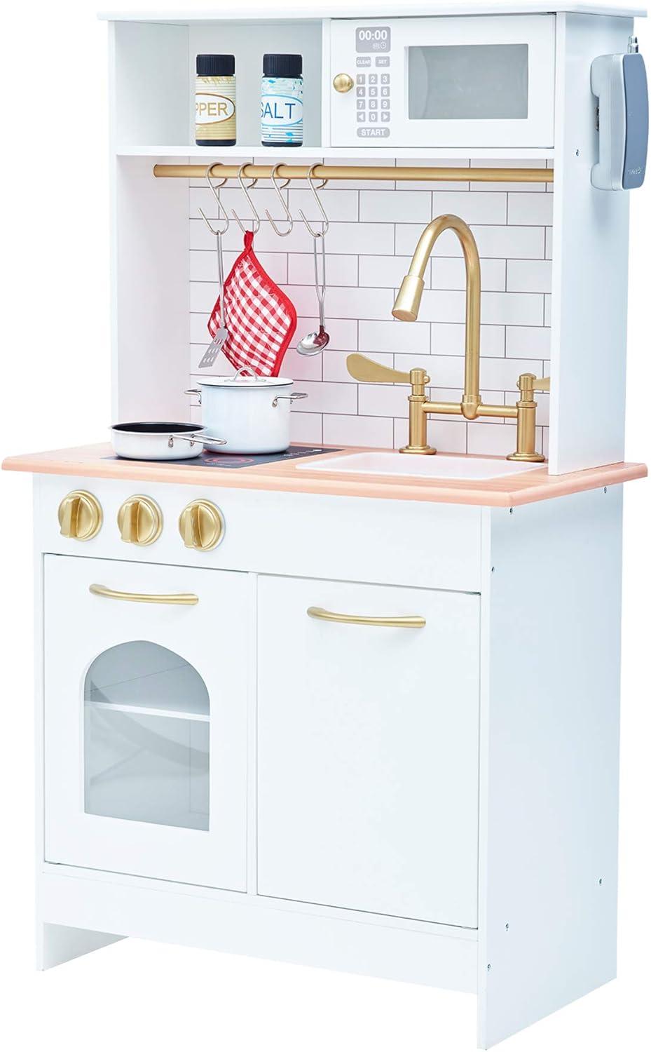 Teamson Kids Little Chef Boston Wooden Pretend Play Kitchen Set with Oven, Microwave and Acessory Set